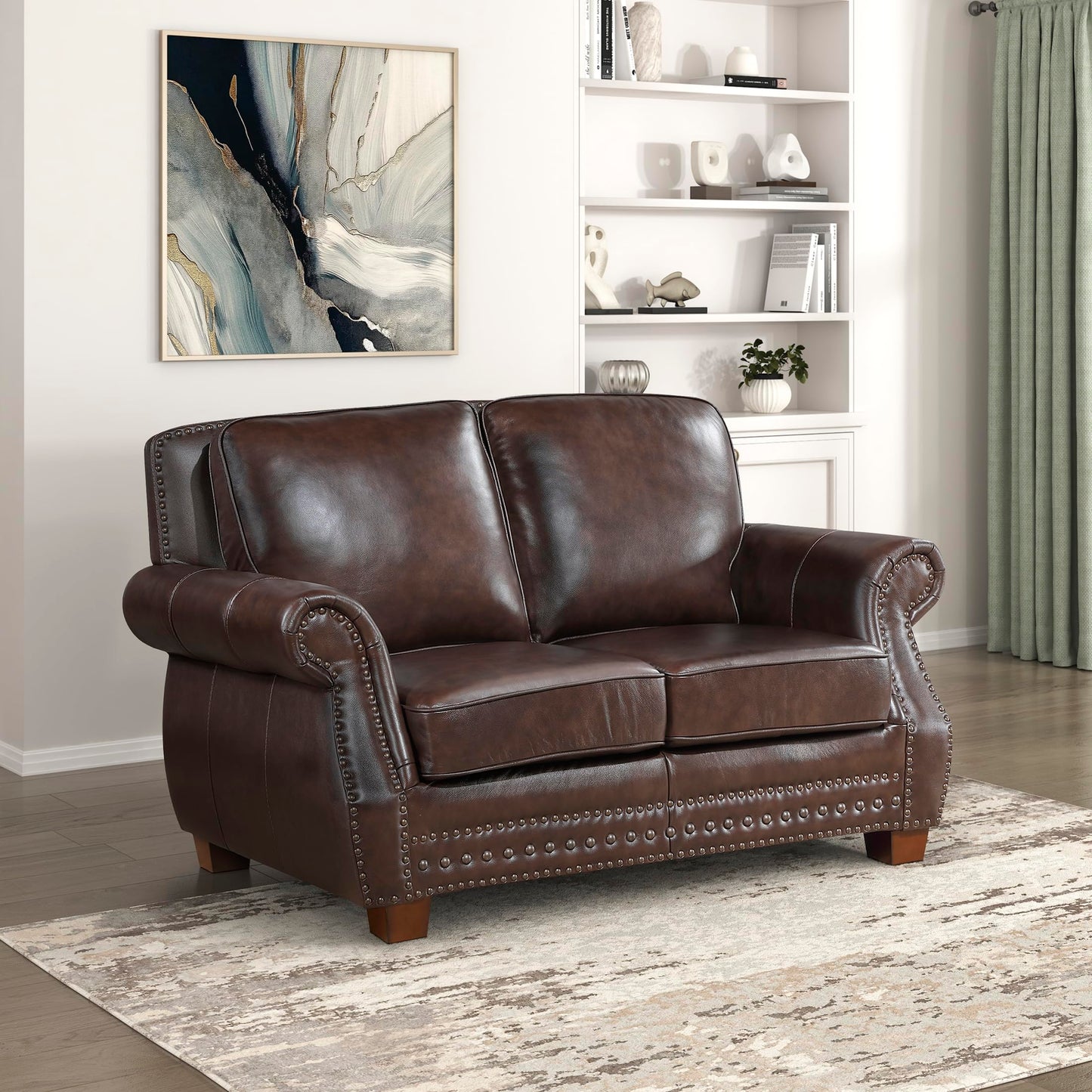 Lexicon 64.5" Loveseat, Top Grain Leather Match Loveseat Sofa with Nailhead Trim, Rolled Arms, Solid Wood Legs, 2 Seater Couch for Living Room/Apartment/Office, Easy Assembly, Brown