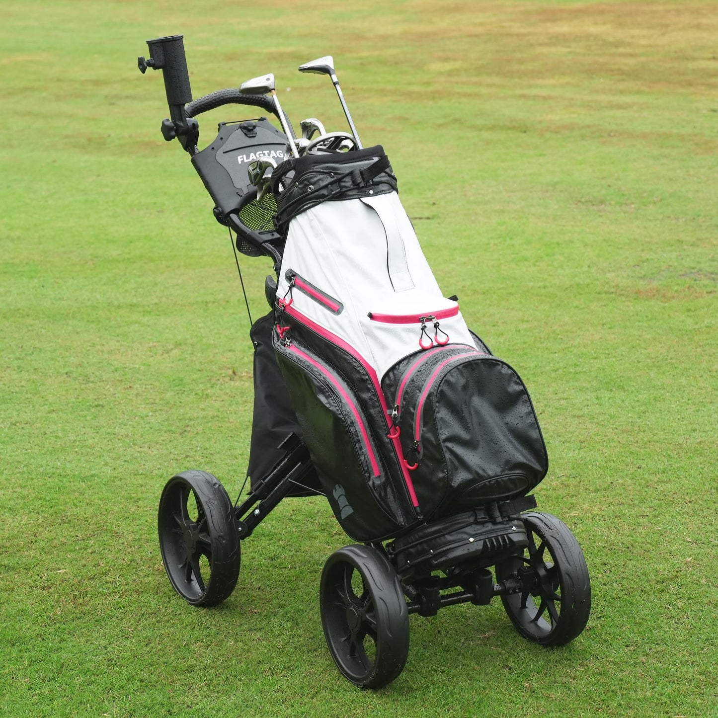 FLAGTAG Golf Push Cart 4-Wheels,Folding Golf Cart, Golf Pull cart with Cup Holder,Umbrella Holder,Cooler Bag, Foldable with one-Click,Handle Height Adjustable,Drink Holder,Walking Push cart