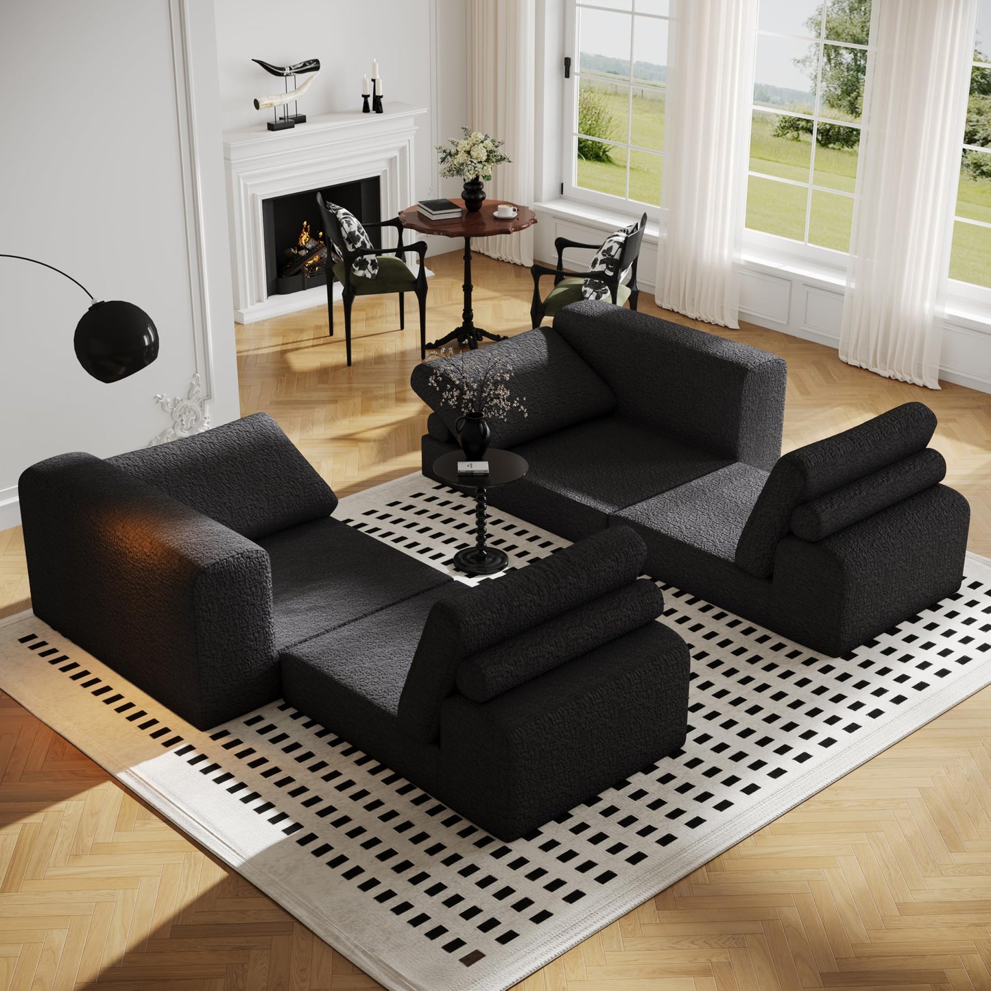 Cloud Modular Sectional Sofa, DIY Combination Modular Couch for Living Room, Unique Knitted Fabric Love Seat Couches with 2 Pillows, 2 Seater Comfy Sectional Couch with No Assembly (Black)