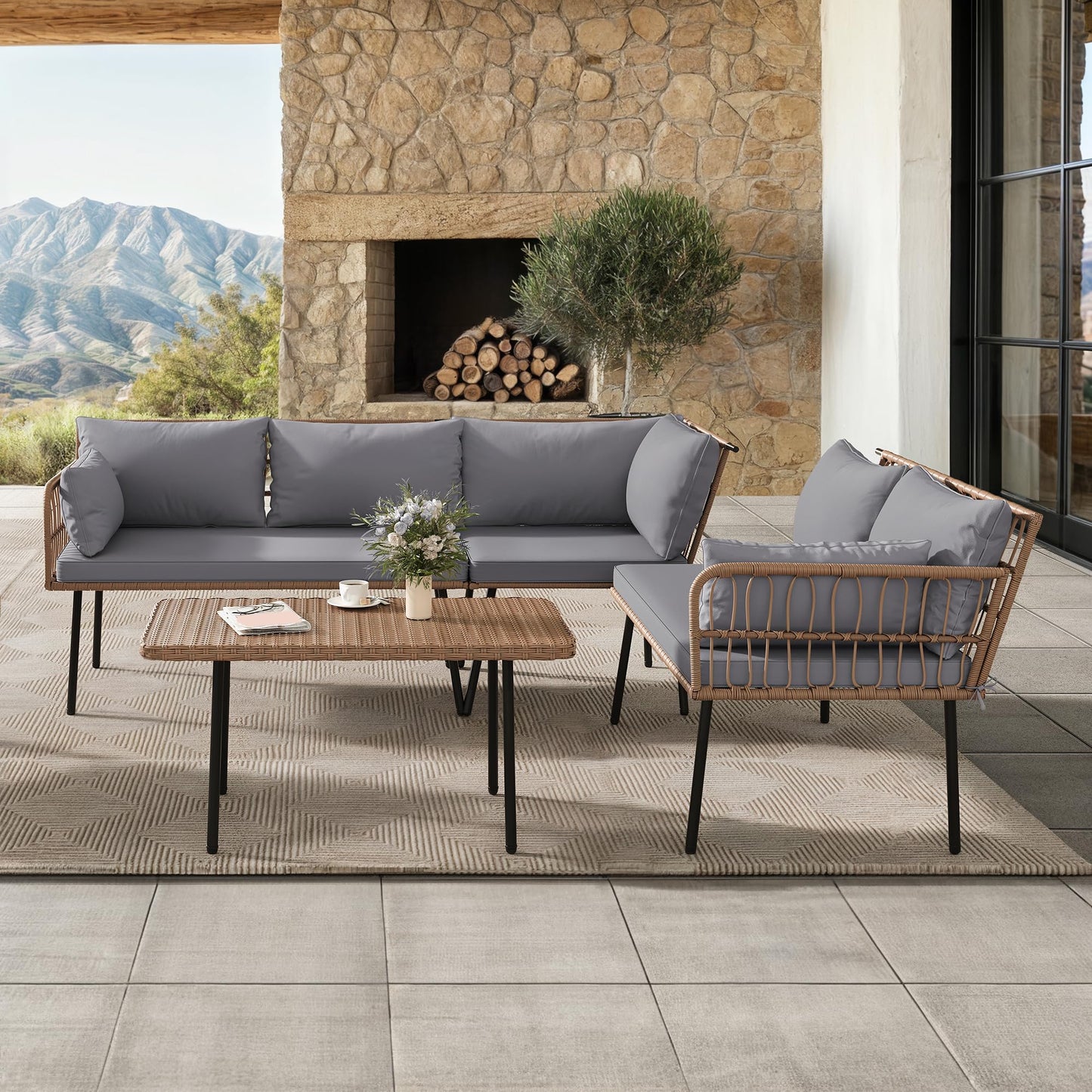 YITAHOME 4-Piece Wicker Patio Furniture Set, All Weather PE Rattan Conversation Set Sectional Sofa with Soft Cushions & Side Table, Porch Furniture for Deck, Balcony, Backyard - Gray