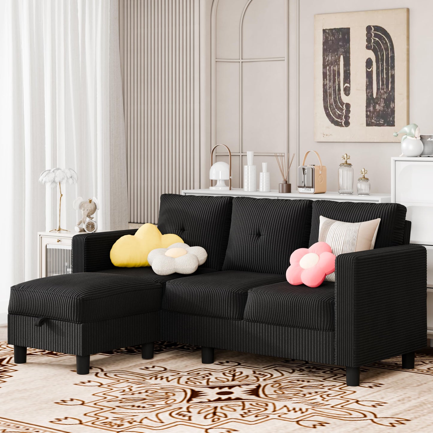 SUNLEI Convertible Sectional Couch Sofa for Small Spaces, L Shaped Modular Sofa with Removable Ottoman Storage, 3 Seat Modern Small Couches for Living Room in Apartment, Jet Black