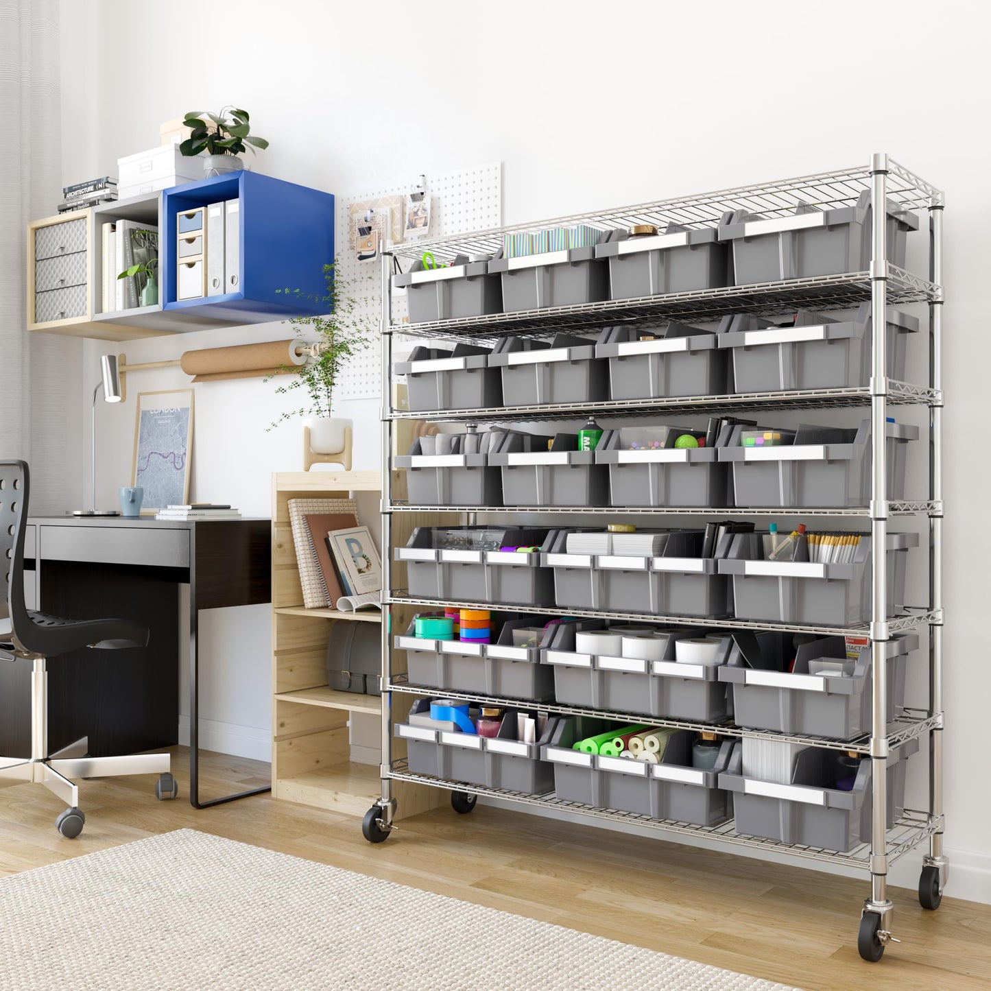 7-Tier NSF 21-Bin Steel Wire Shelving Rack, 48"W x 14"D x 56"H, Gray