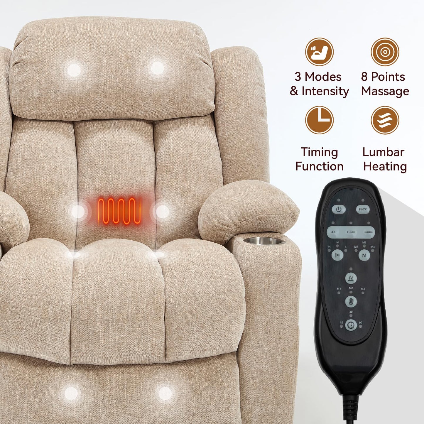 KEIKI Recliner Chair with Vibration Massage and Heating, Home Theater Seating with USB and Type-C Ports, Cup Holders for Living Room, Beige