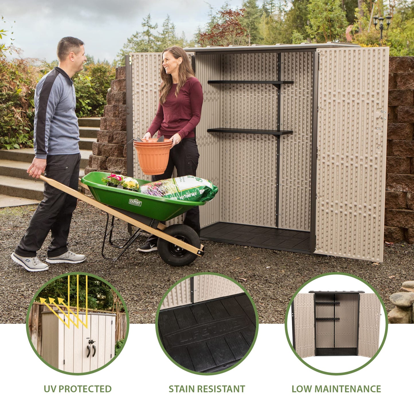 Lifetime Vertical Storage Shed, Desert Sand, Resin Outdoor Tool Shed with Lockable Doors and Weather-Resistant Panels