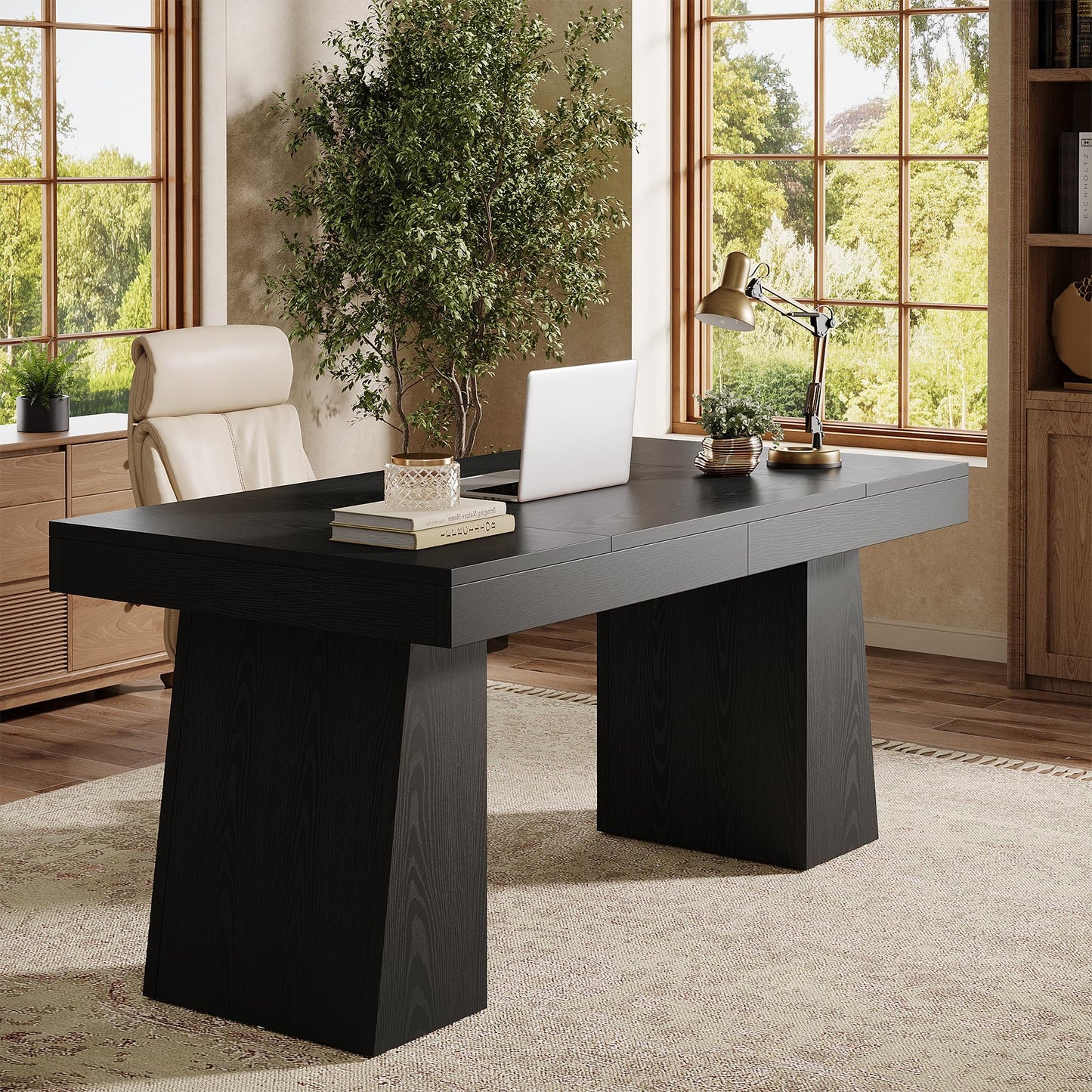 Tribesigns 55" Executive Desk, Wooden Office Desk with Double Pedestal, Modern Simple Computer Writing Table for Home Office, Black