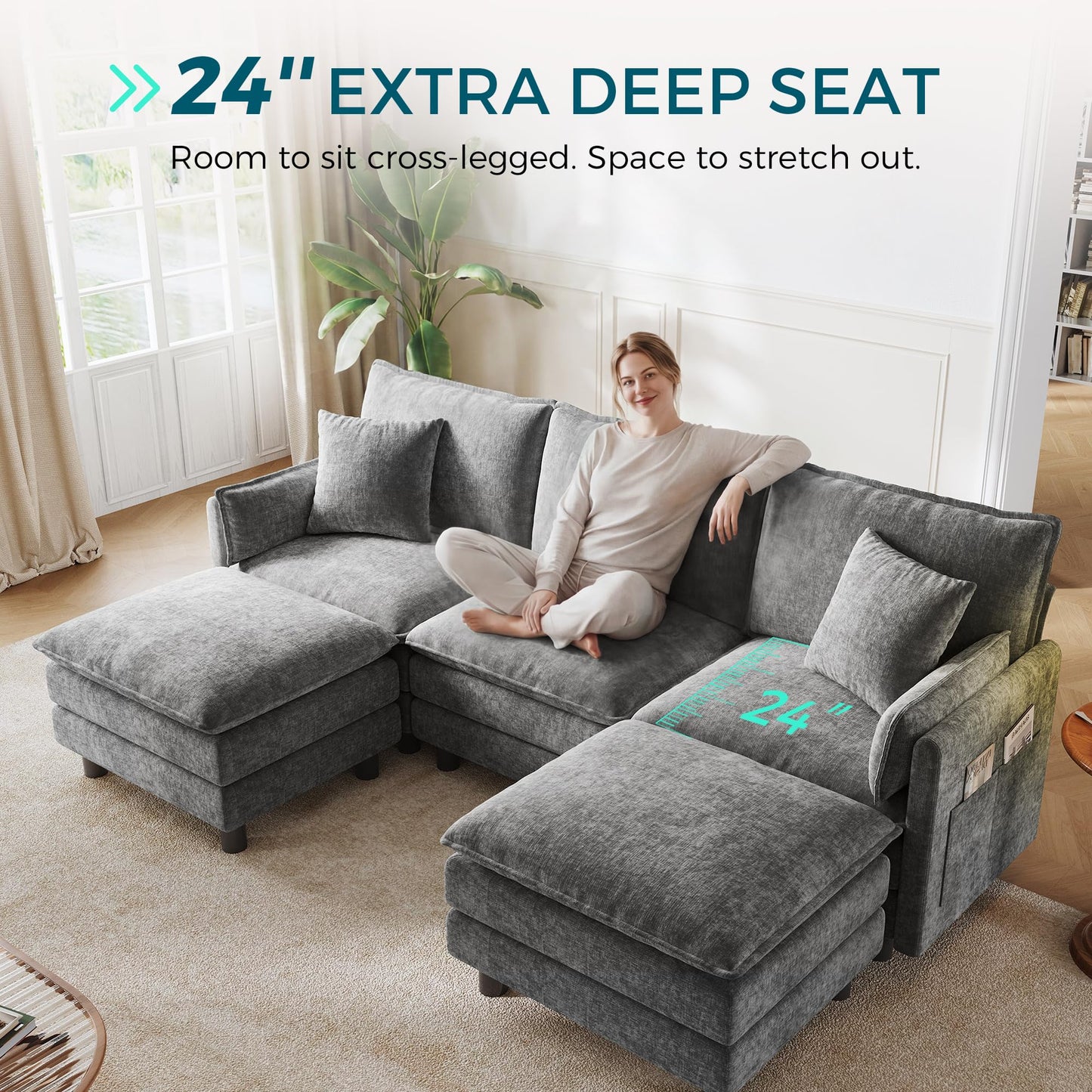 LINSY HOME 98'' Modular Sectional Sofa 3 Seat Couch Chenille Cloud Couch with Deep Seat, U Shaped Couch with 2 Movable Ottoman for Living Room, Office, Bedroom, Grey(Pillows Included)