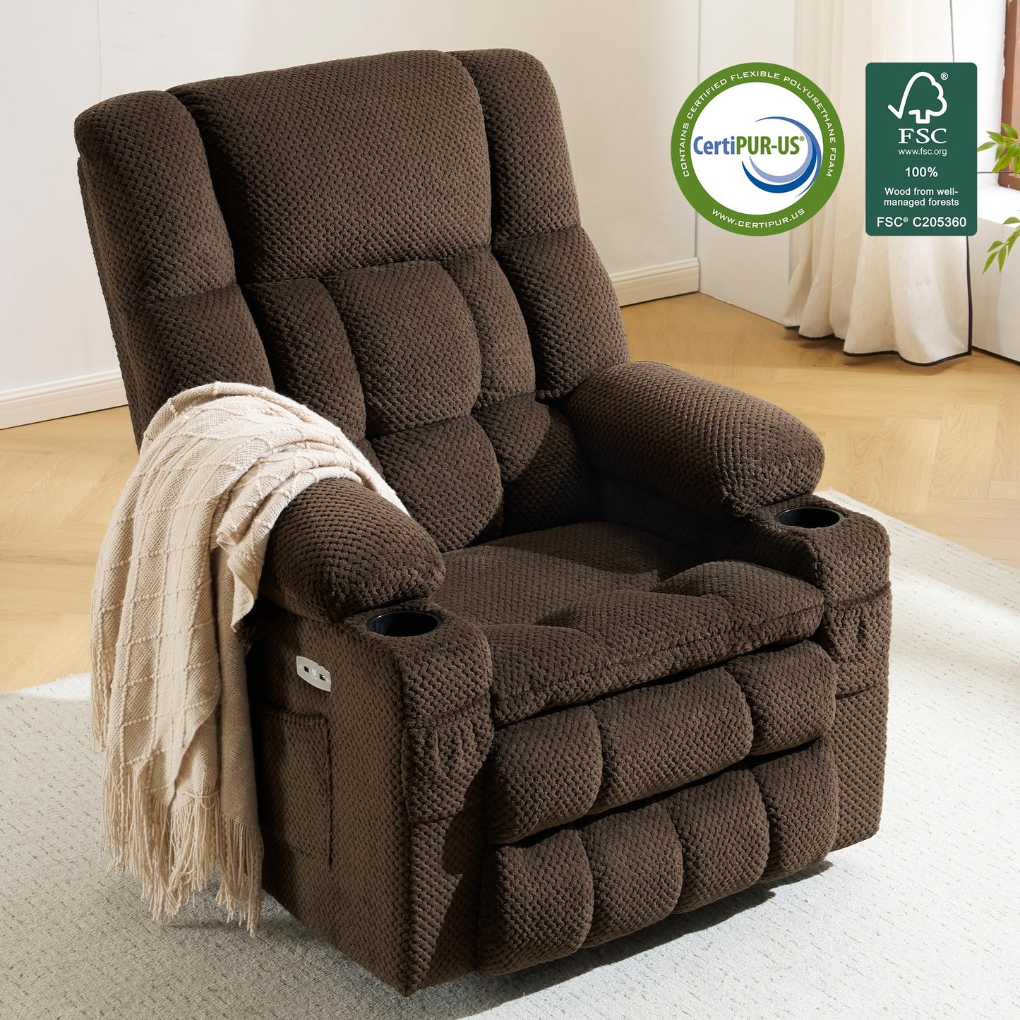 MCombo Dual Motor Power Lift Recliner Chair with Massage and Heat for Elderly People, Infinite Position, USB Ports, Cup Holders, Fabric 7890 (Medium, Mocha)