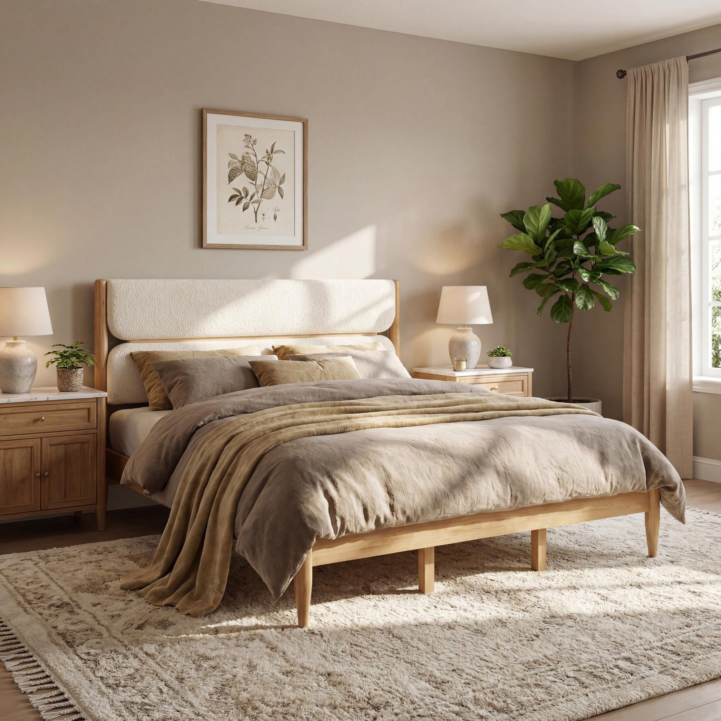 Merax Solid Wood Bed Frame King Size with Fleece Sponge Upholstered Headboard, Solid Rubber Wood Frame, Elegant King Platform Bed, Ample Underbed Storage Space, Bear 800lbs, Ivory