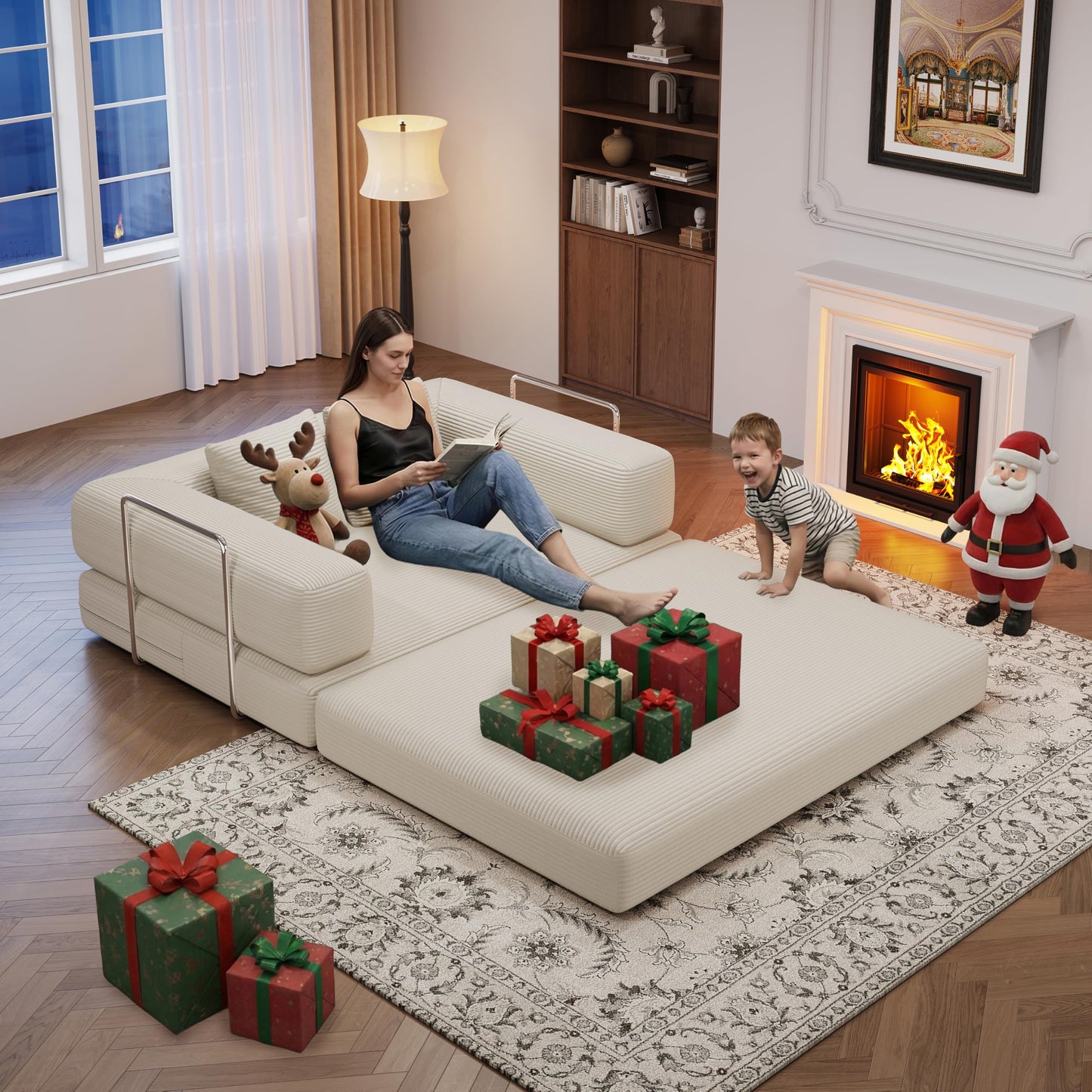 4 in 1 Convertible Sofas Boneless Couches with 2 Pillow, Modern Corduroy Futon Bed, Modular Queen Sofa with Pull-Out Bed, LoveSeat for Living Room, Small Space Apartment (Beige, 53.15"Double Sofa)