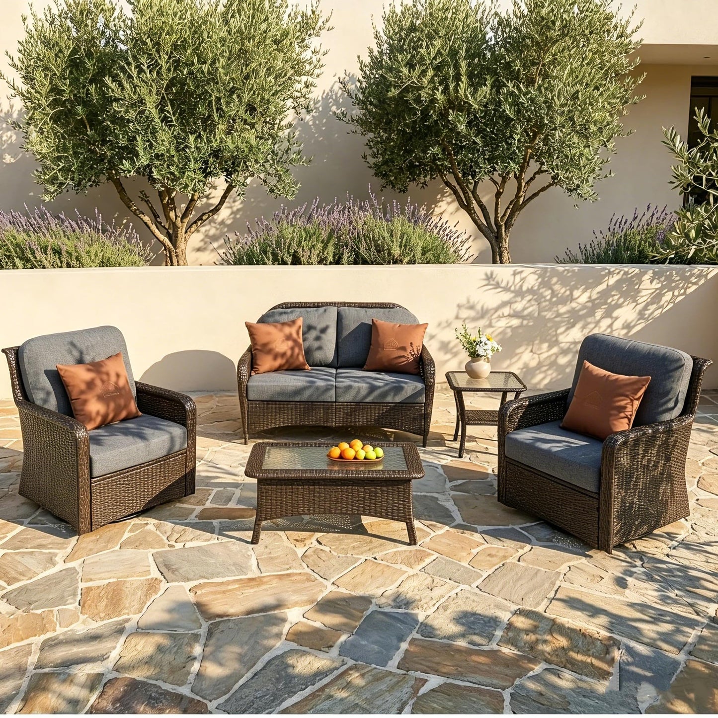 Tribesigns 5-Piece Outdoor Wicker Patio Furniture Set with 2 Swivel Chairs, 1 Loveseat & 2 Tables, Wicker Patio Chair Set with 26.8'' Deep Seat, Luxury Conversation Set for Porch, Yard, Brown/Gray