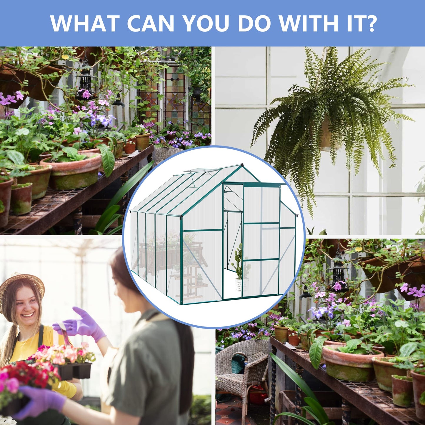 YOPTO 6X10 FT All Season Heavy Duty Walk-in Greenhouses, Outdoor Polycarbonate Plants Green House for Backyard Garden, Sliding Door Raised Base Anchor Aluminum, Green