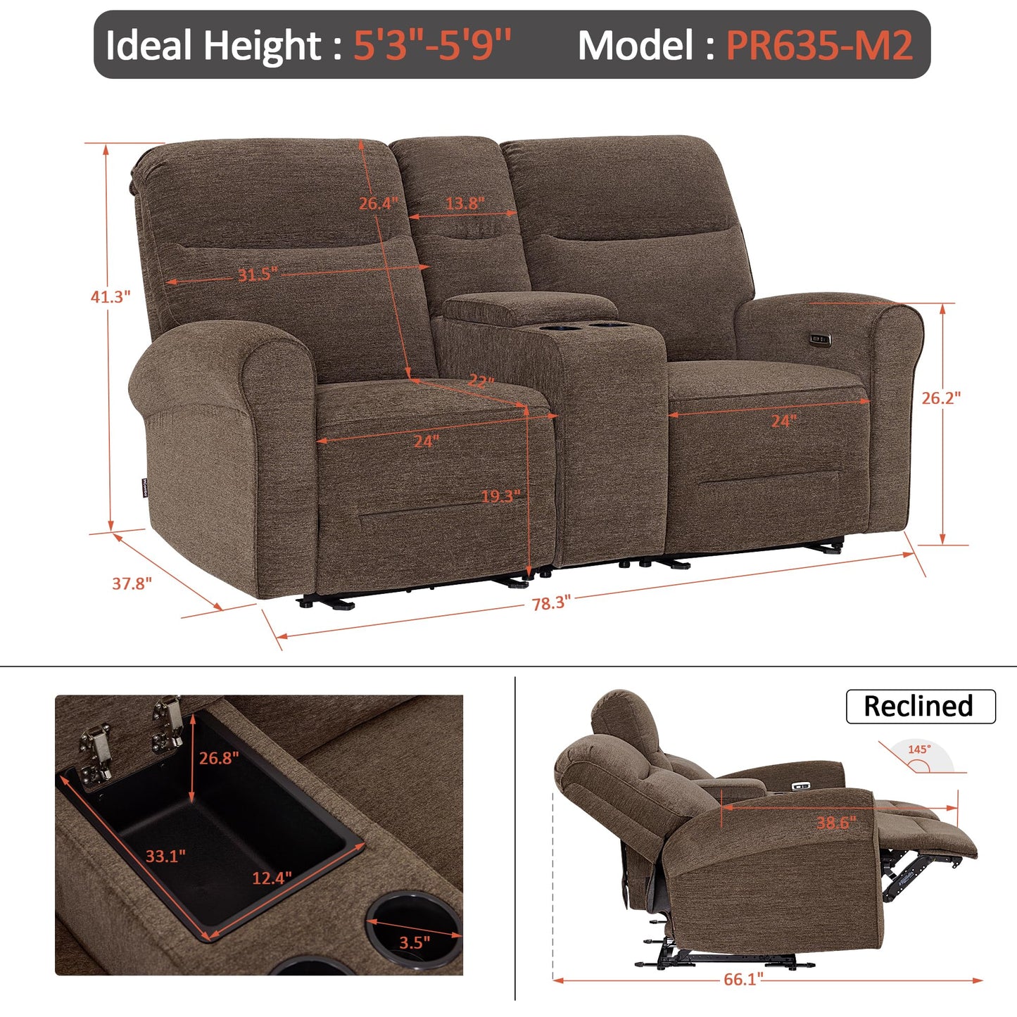 MCombo 78.3" Wall Hugger Power Loveseat Recliner Sofa with Console, Reclining Loveseat with USB Ports, Cup Holders, for Small Spaces Living Room RV, Fabric PR635M2 (Dark Brown)