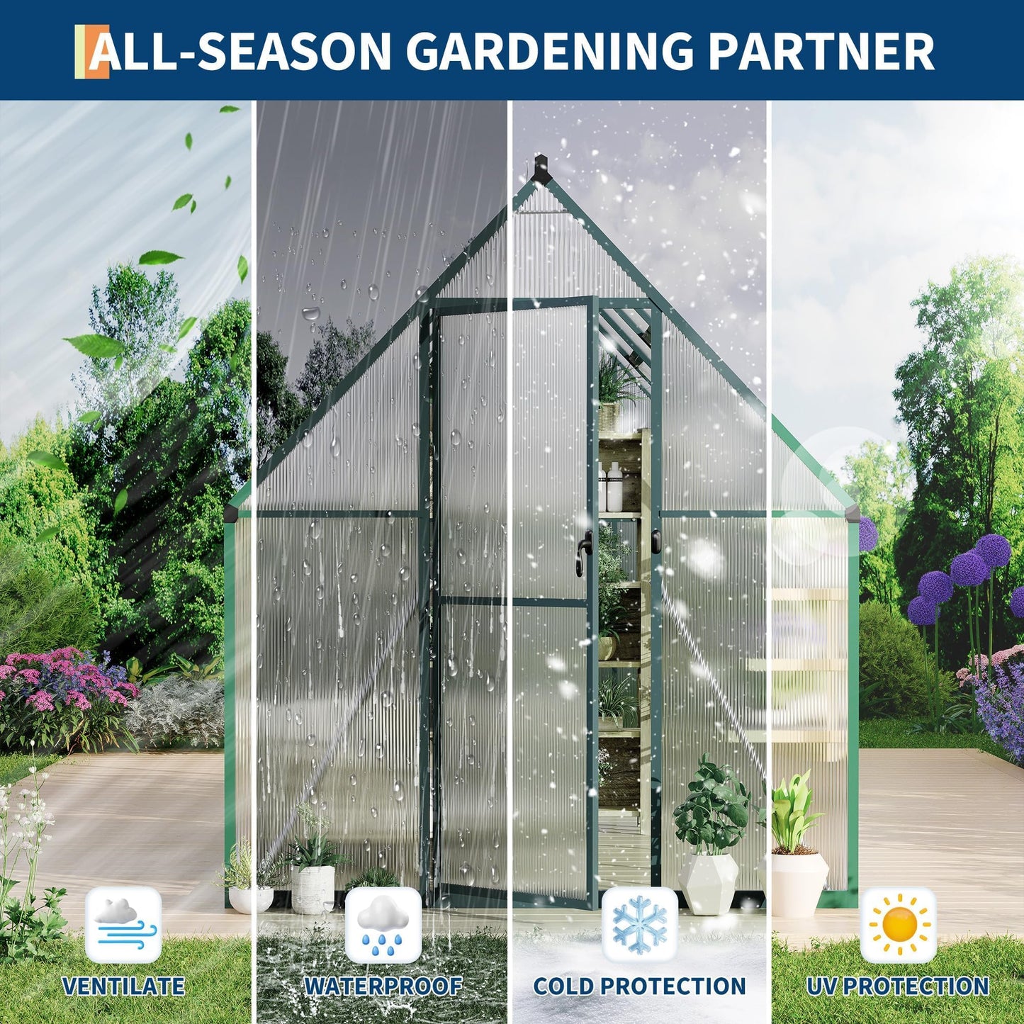 6x9 ft Polycarbonate Greenhouse with Aluminum Frame, Walk in Greenhouse with Adjustable Roof Vent, Heavy Duty Green House for Outside Garden Backyard, Easy Assembly, Green