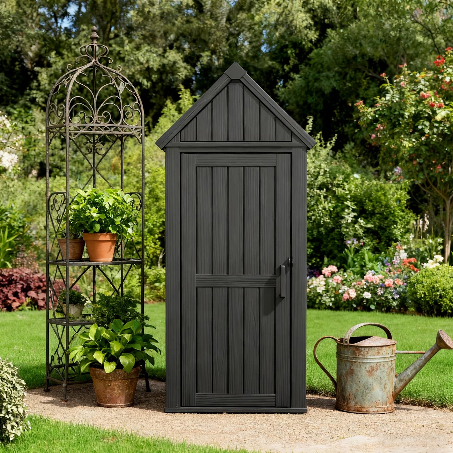 WTFGO Vertical Outdoor Storage Shed, Waterproof Resin Outdoor Storage Cabinet with Removable Shelves & 12 Hooks, Lockable Small Tool Shed for Garden, Backyard, Patio, Pool, Black