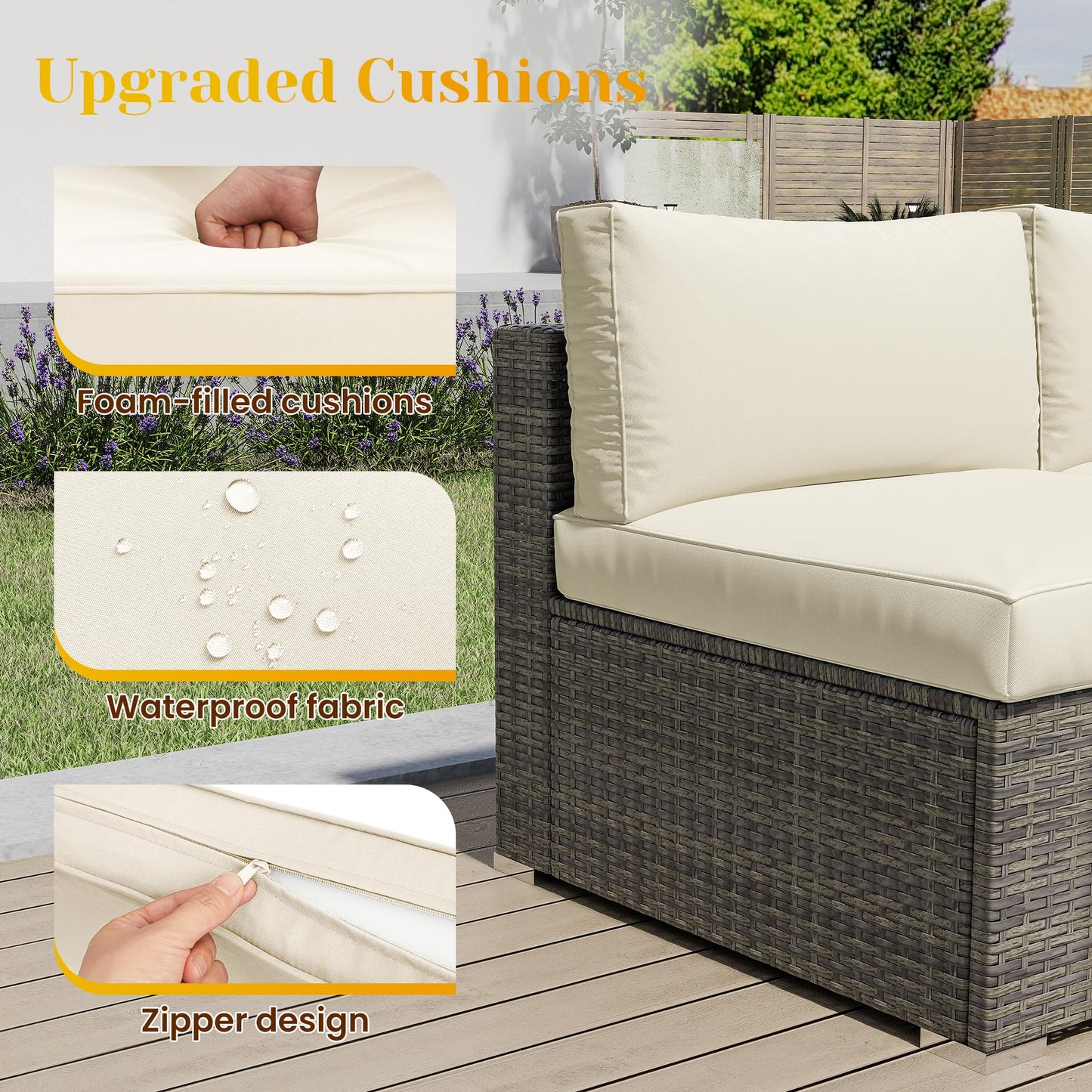 SUNVIVI OUTDOOR Outdoor Patio Furniture Set, 5 Piece Patio Conversation Set, Waterproof Wicker Patio Furniture Set, All Weather Combination Patio Conversation Sets with Cushions and Glass Table, Beige
