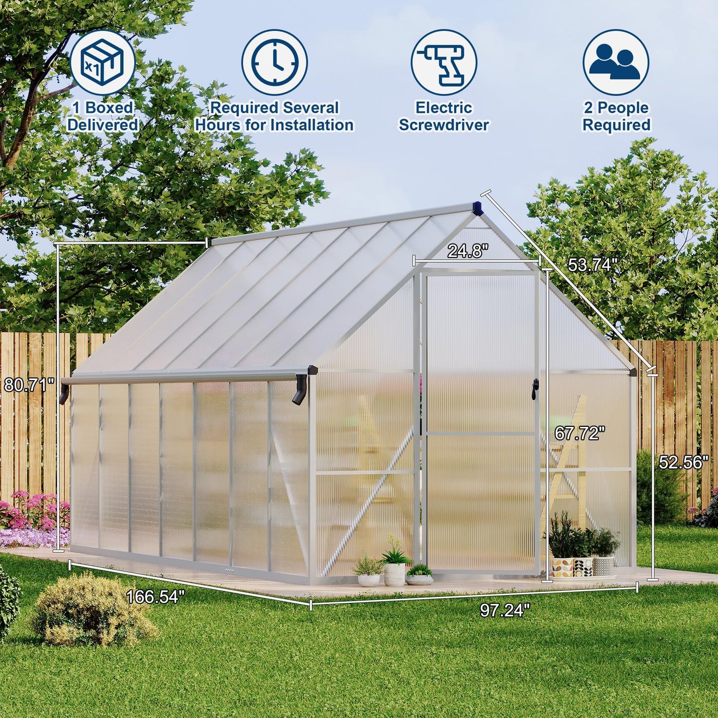 CABIHOME 8x14 FT Outdoor Greenhouse, Polycarbonate Greenhouse with Roof Vent and Ground Nails, Aluminum Large Walk-in Green House w/ Lockable Push Door for Outdoor Garden (Sliver, 8x14 FT)