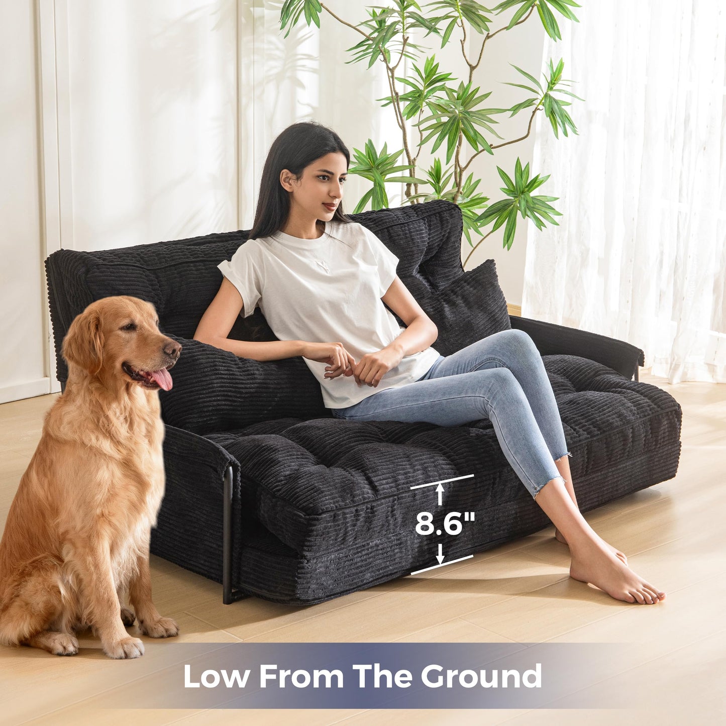 MAXYOYO Adjustable Floor Sofa Couch with 2 Pillows, Multi-Functional Bean Bag Bed, 5-Position Foldable Lazy Sofa Bed with Armrest, Versatile Floor Seating for Reading, Black, Double