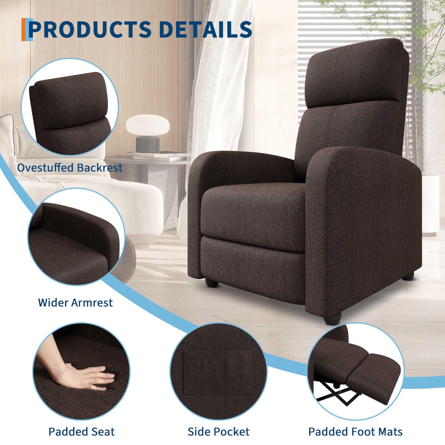 Garvee Recliner Chair for Adults Set of 2 PU Leather Lazy Recliner Ergonomic Adjustable Single Sofa Enhanced with Side Pocket, Tall Back, Wide Arms & Padded Seat, Home Theater Seating for Living Room