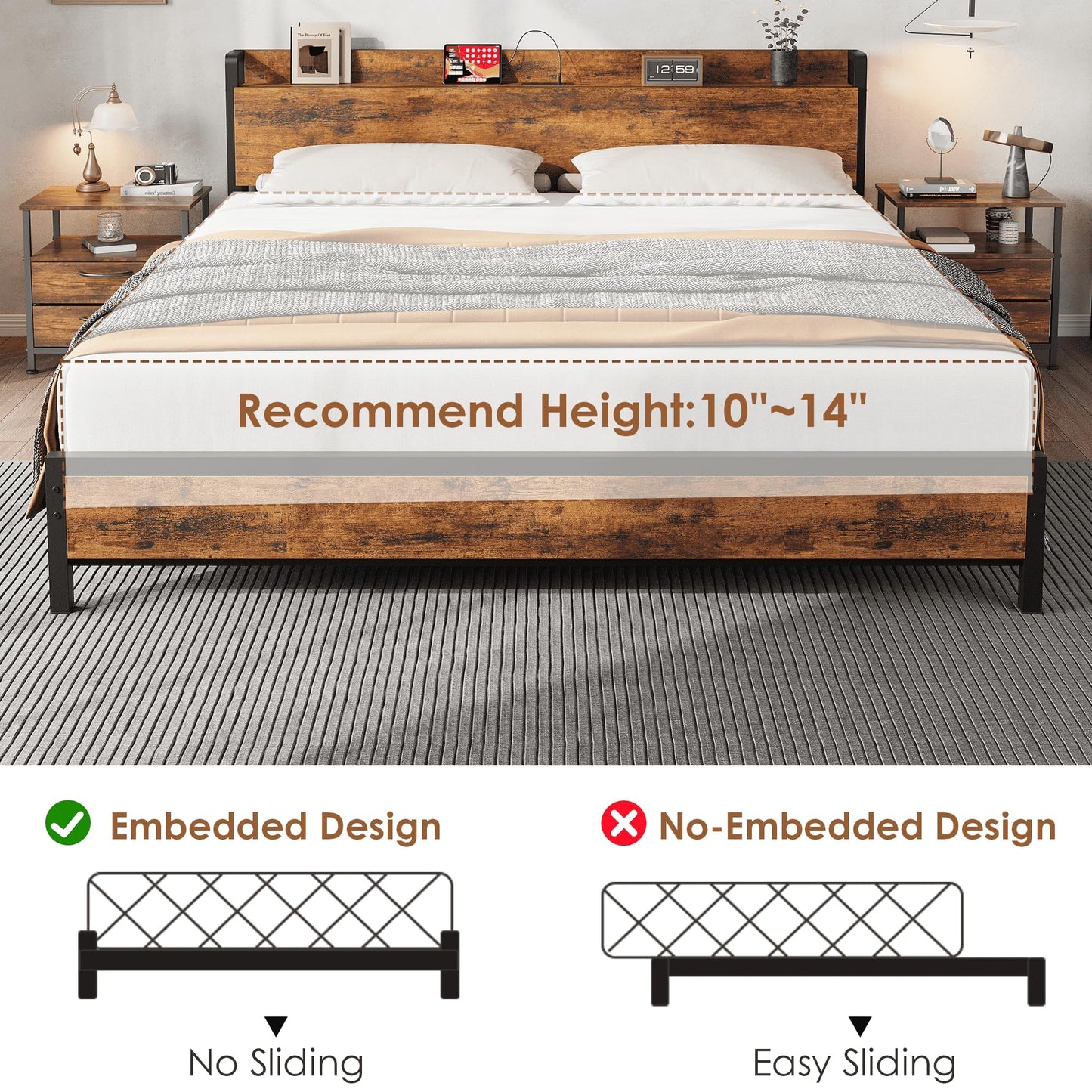 IDEALHOUSE King Size Bed Frame with Storage Headboard, Industrial King Bed Platform with Charging Station and USB Ports, No Box Spring Needed Easy Assemble Mattress Foundation - Rustic Brown