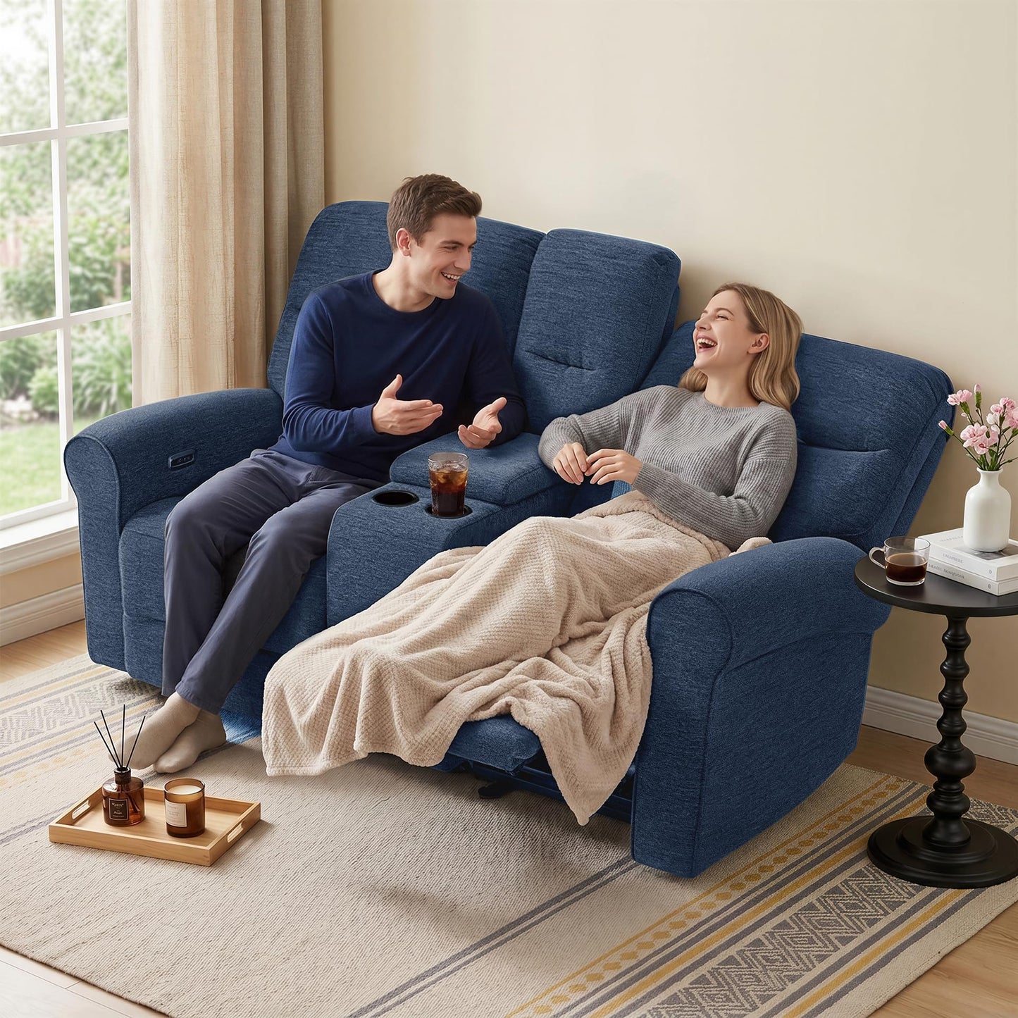 MCombo 78.3" Wall Hugger Power Loveseat Recliner Sofa with Console, Reclining Loveseat with USB Ports, Cup Holders, for Small Spaces Living Room RV, Fabric PR635M2 (Navy Blue)
