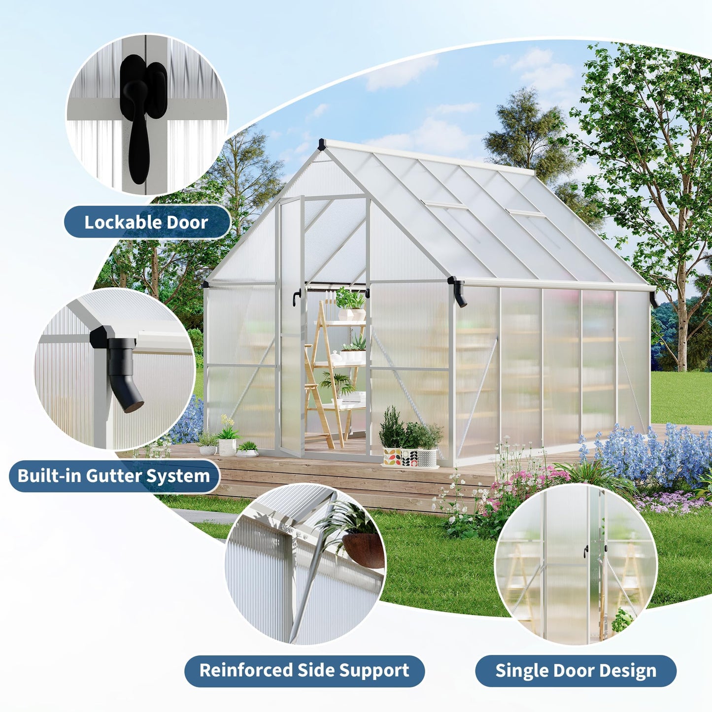 CABIHOME 8x10 FT Outdoor Greenhouse, Polycarbonate Greenhouse with Roof Vent and Ground Nails, Aluminum Large Walk-in Green House w/ Lockable Push Door for Outdoor Garden (Sliver, 8x10 FT)