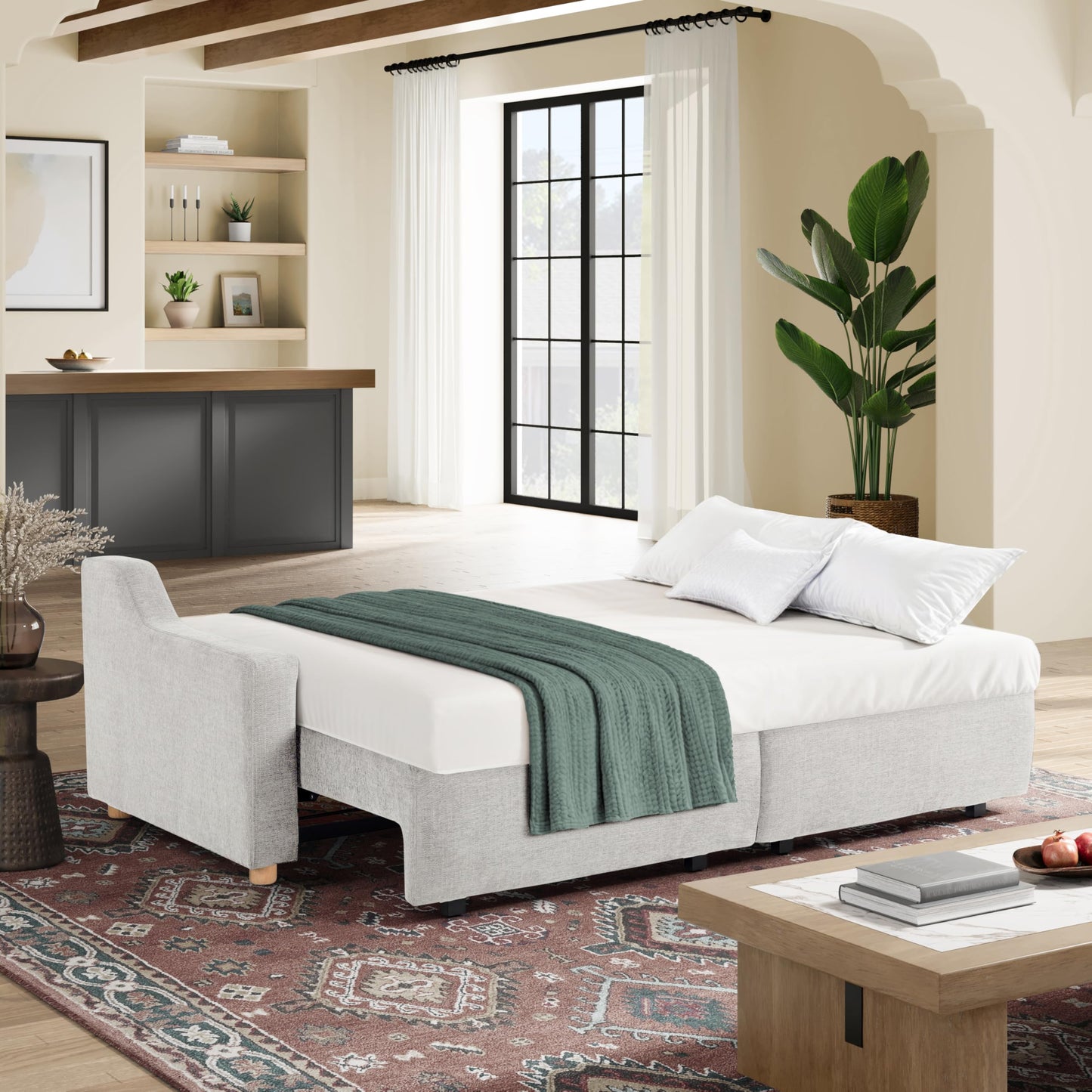 Serta Glendale 90.2" Queen Size Wall-Hugging Convertible Sofa, Dreamcoil Comfort, Chenille Fabric, Cream