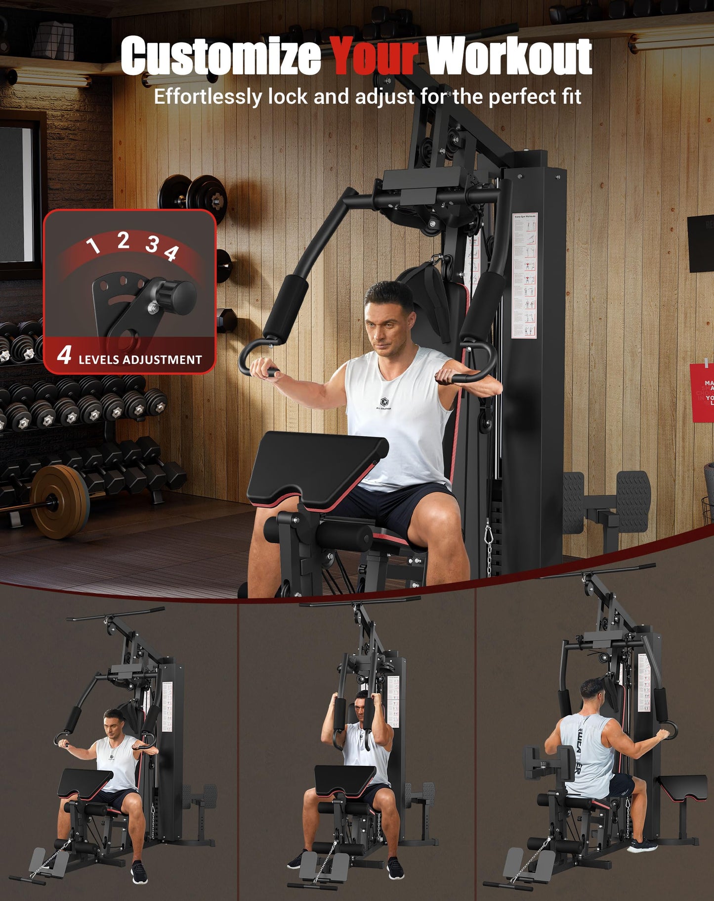 Multifunctional Carbon Steel Home Gym Equipment, Full Body Workout Machine with 150 Lb Weight Stack and Pulley System, Strength Training Exercise Equipment for Home, Black