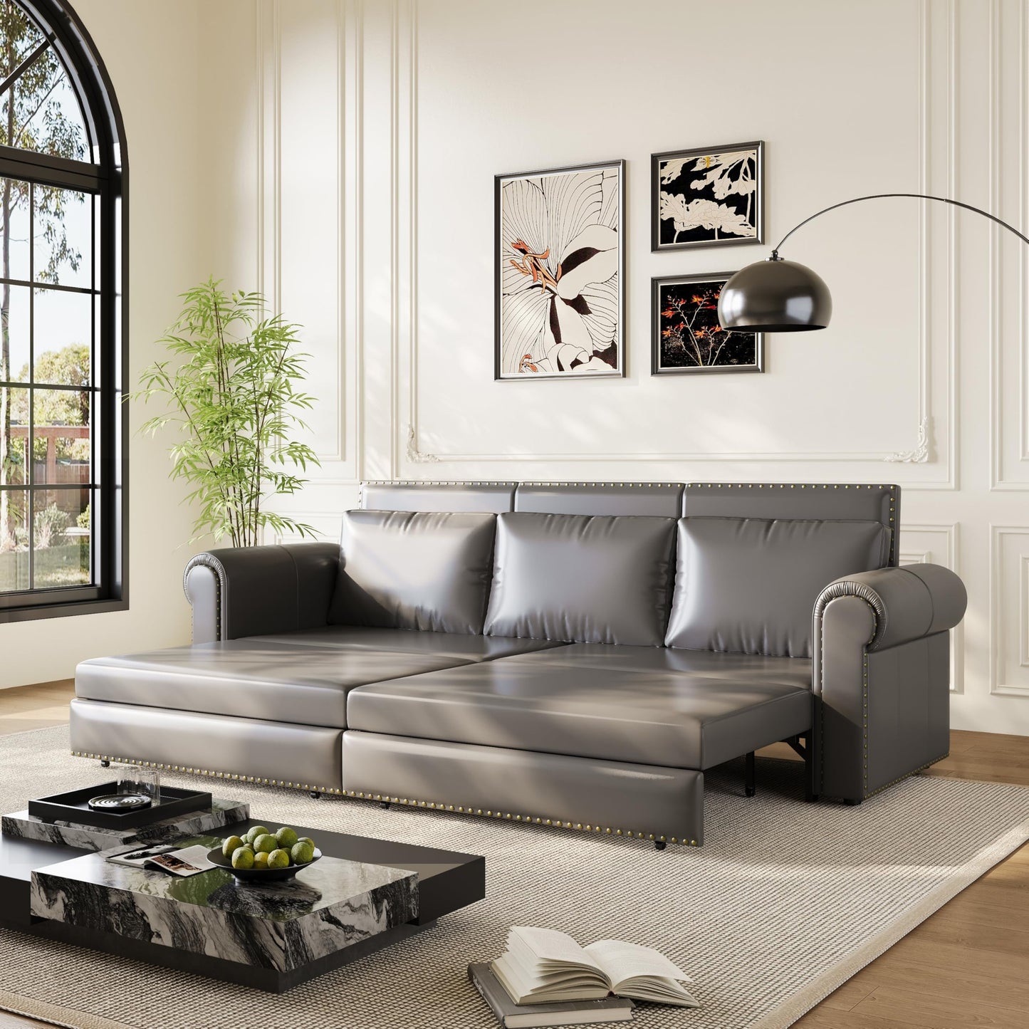 KEIKI 94" Upholstered Faux Leather Chesterfield Sofa with Rolled Arms, 3-in-1 Convertible Sleeper Sofa Bed for Living Room, Bedroom, Office, King Size Pull Out Bed, Charcoal Gray