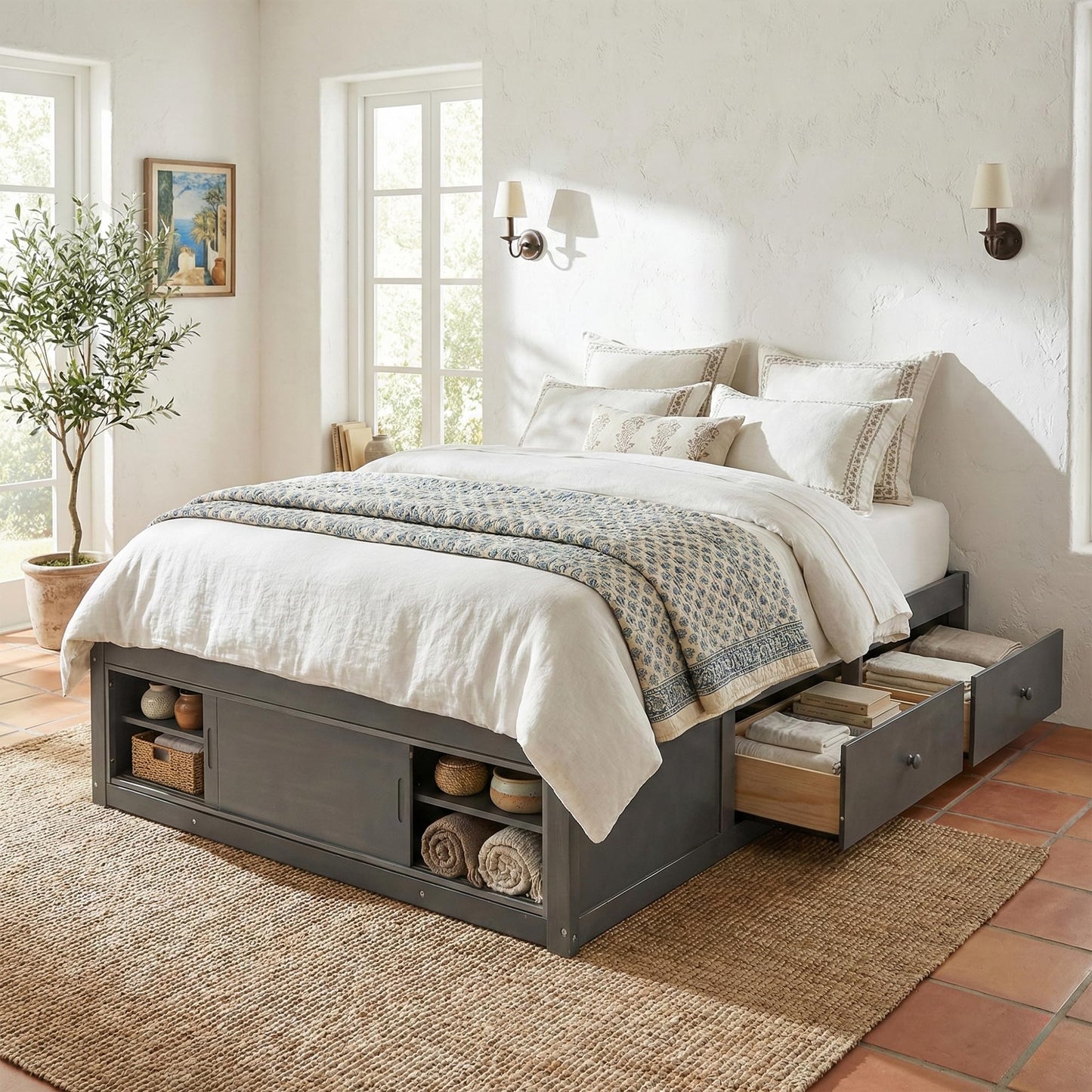 Merax Queen Size Wood Platform Bed with 4 Underbed Drawers and Footboard Storage Cubby, Minimalism Bed Frame with Solid Wooden Slat Support for Bedroom, No Box Spring Needed, Easy Assembly, Gray