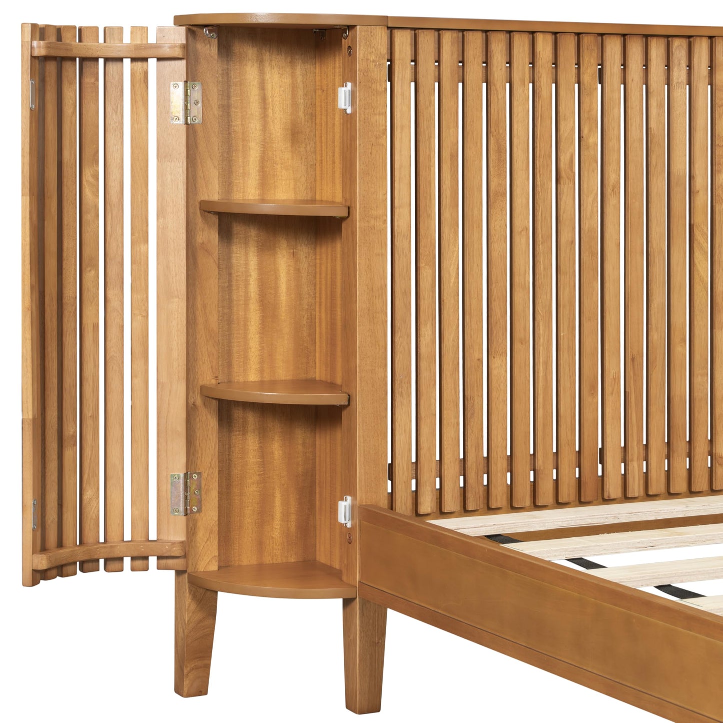 Merax Farmhouse King Size Bed Frame Slat Headboard Design with Concealed Side 3 Layers Storage Shelves, Natural Wood Platform Bed with Slats & Middle Legs, No Box Spring Needed, Bear 800 LBS