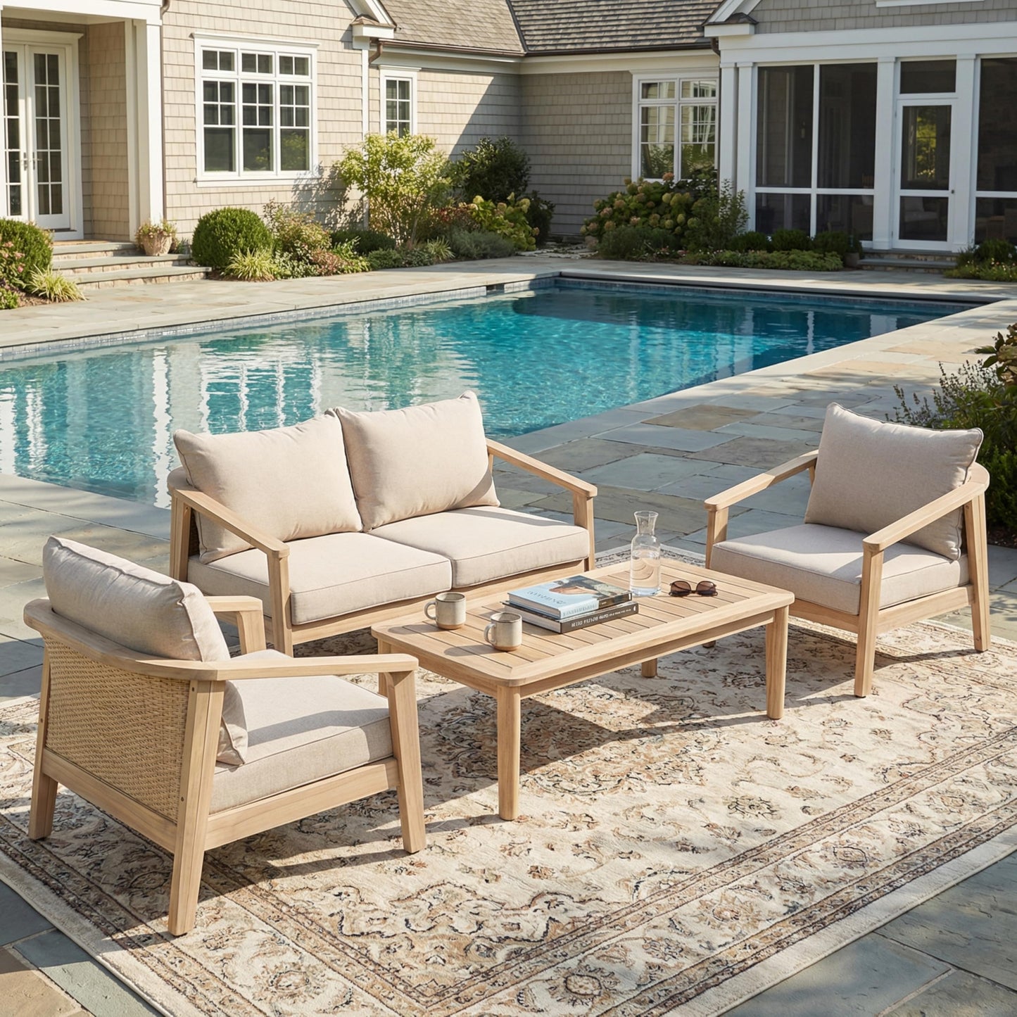 GDFStudio Mayeo 4-Piece Acacia Wood Patio Furniture Set, Outdoor Conversation Sofa Set with Club Chair and Coffee Table, Patio Sectional Chat Set for Backyard Balcony, Light White+Beige