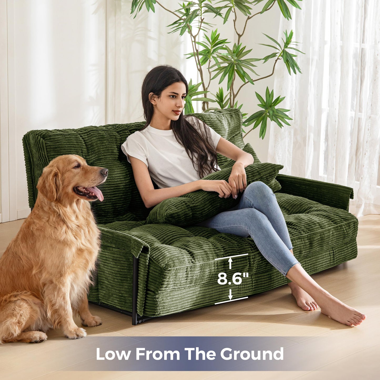 MAXYOYO Adjustable Floor Sofa Couch with 2 Pillows, Multi-Functional Bean Bag Bed, 5-Position Foldable Lazy Sofa Bed with Armrest, Versatile Floor Seating for Reading, Dark Green, Double