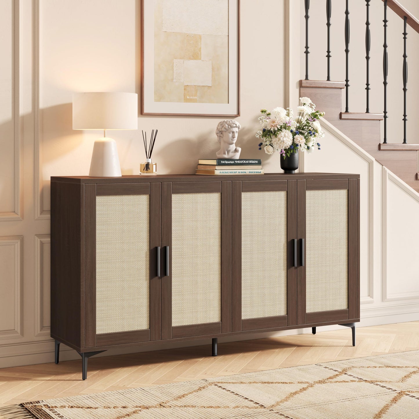 JASIWAY Buffet Cabinet with Storage, 48" Rattan Coffee Bar Cabinet Station