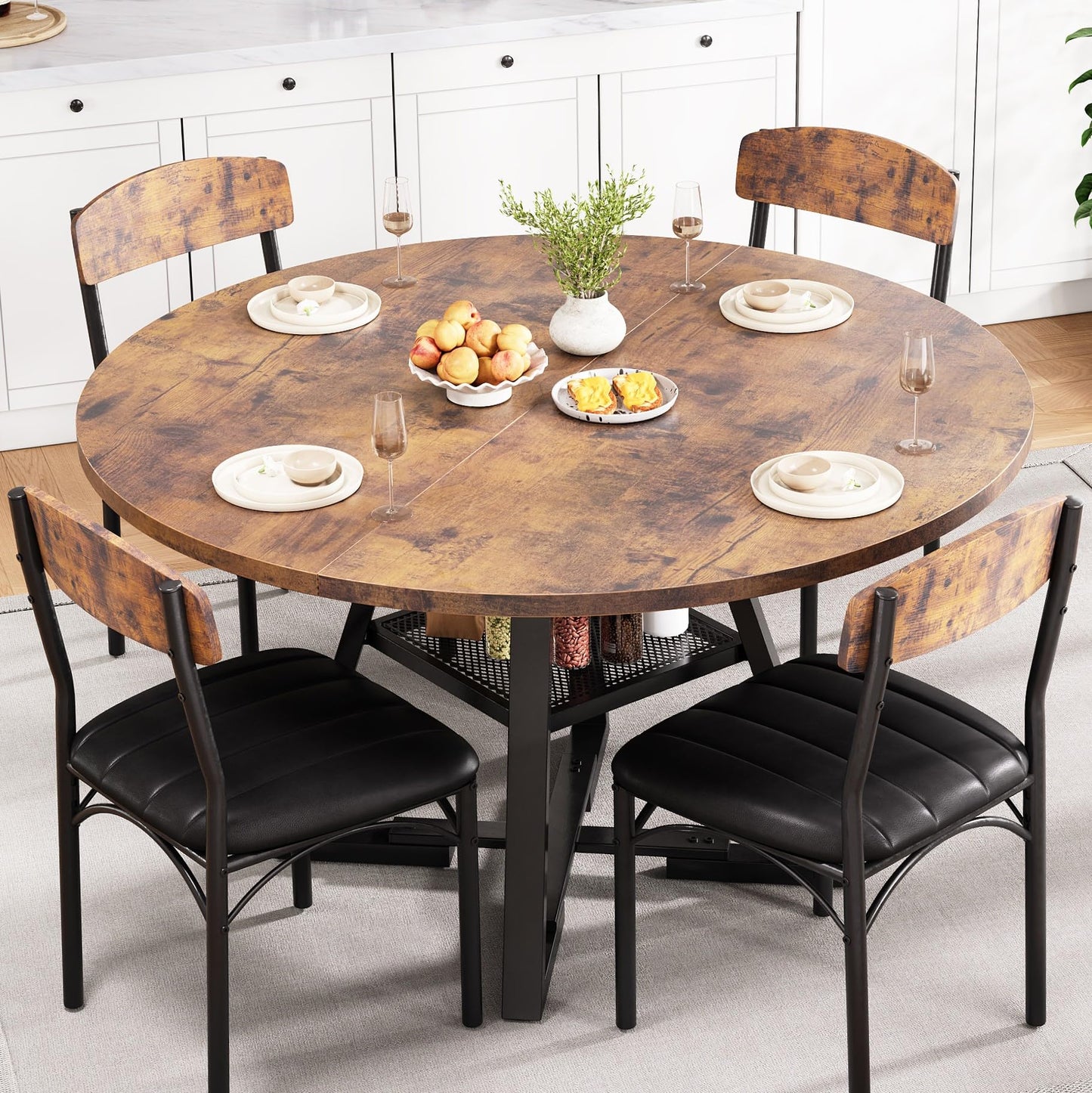 Round Dining Table Set for 4, Kitchen Table and Chairs for 4, Circle Table Round Pedestal Dining Room Dinner Dinette Table Set,5 Piece Space Saving Wood Kitchen & Dining Room Tables (Vintage, 42In)