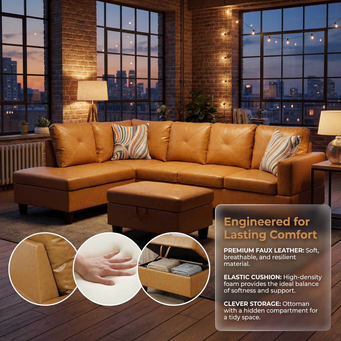 Topcomfy Leather L Shaped Sectional Couches for Living Room - 97.5“ x 66.5" Modular Sectional Sofa with Storage Ottoman, 4 Seat Home Sofa Living Room Furniture Sets with Chaise for Apartment, Ginger