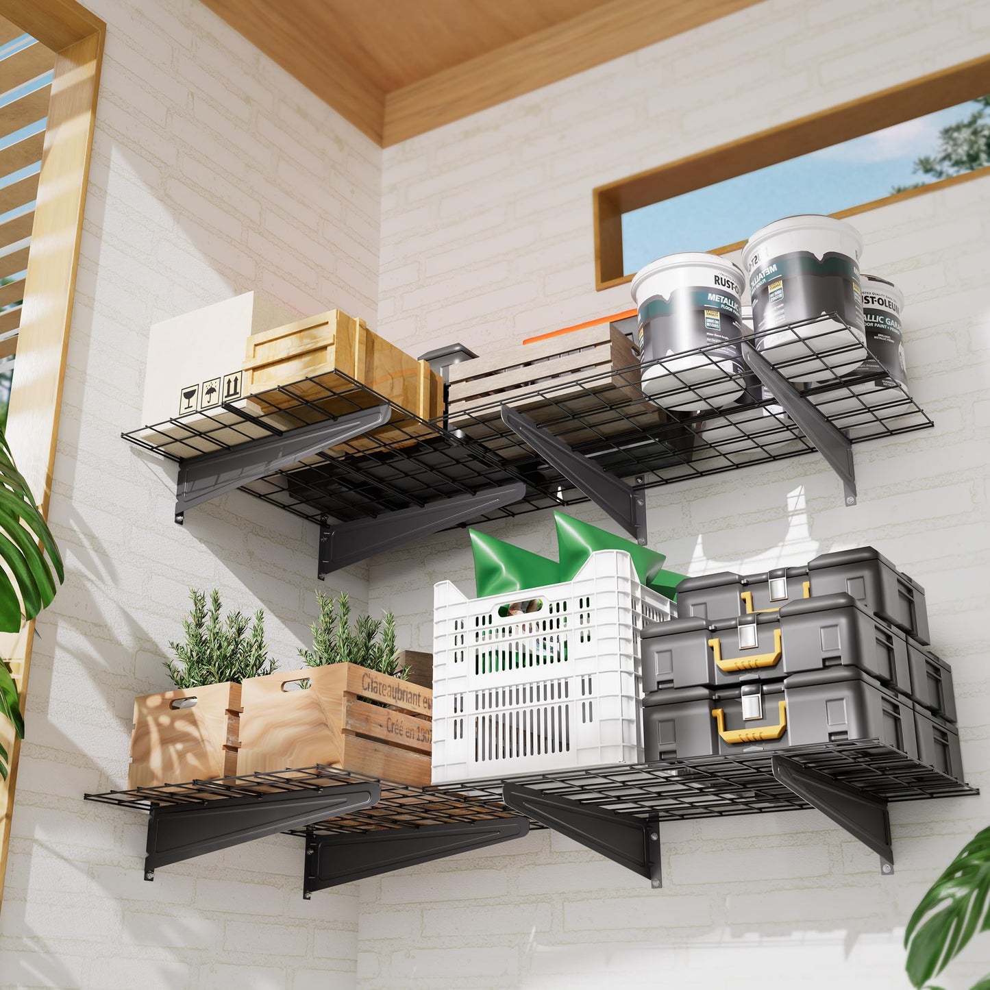 STORKING 2-Pack 2x6ft Garage Wall Shelving, 24"x72" Shelf Storage Rack Floating Shelves Wall Mounted, Heavy Duty Storage Shelves, 800lbs Load Capacity, with 16 Hooks for Garage Organization, Black