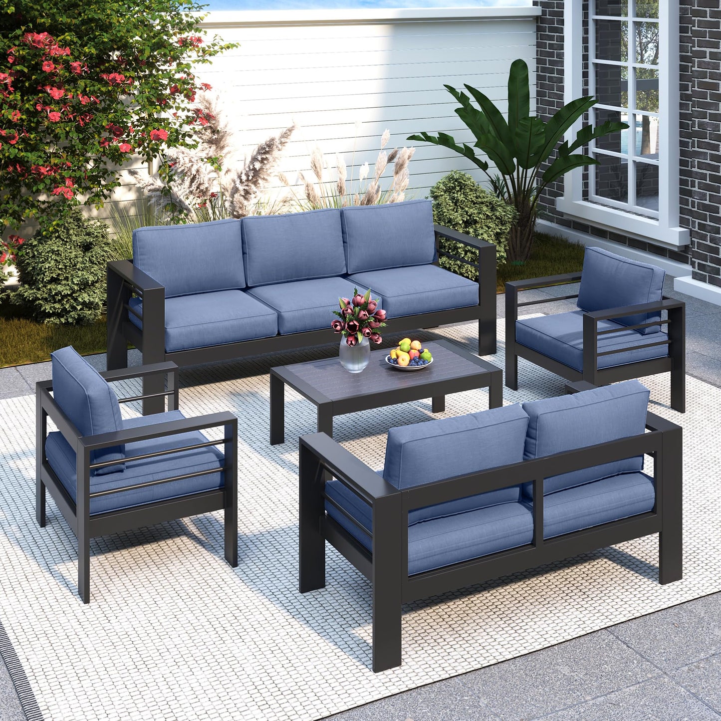 Solaste Aluminum Patio Furniture Set for All Weather, Modern Metal Outdoor Furniture Set with 27.5" Deep Seating and 3.2" Wide Armrest, Outdoor Patio Conversation Set with 10" Back Cushion, Blue