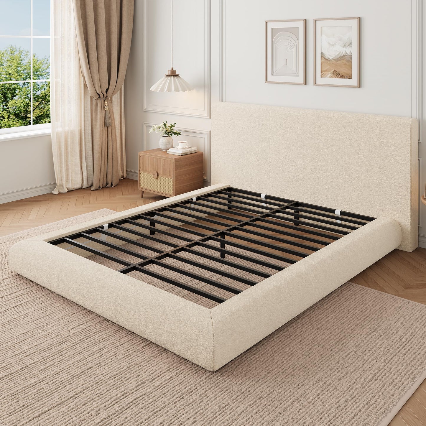 Garvee Queen Size Bed Frame with Upholstered Headboard, Modern Cloud Platform Bed Queen, No Box Spring Needed, Easy Assembly, Soft Plush Fabric, White