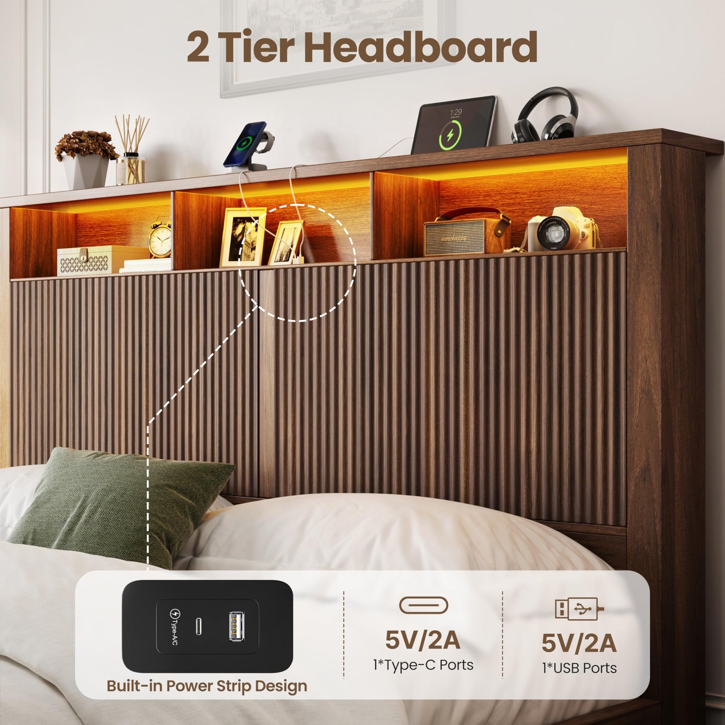 CypBed King Size Bed Frame and Headboard& 2 Storage Drawers, King Bed Frame with LED Light and Charging Port, Farmhouse Wavy Design, Wood & Metal Platform, Noise-Free, No Box Spring Needed, Walnut