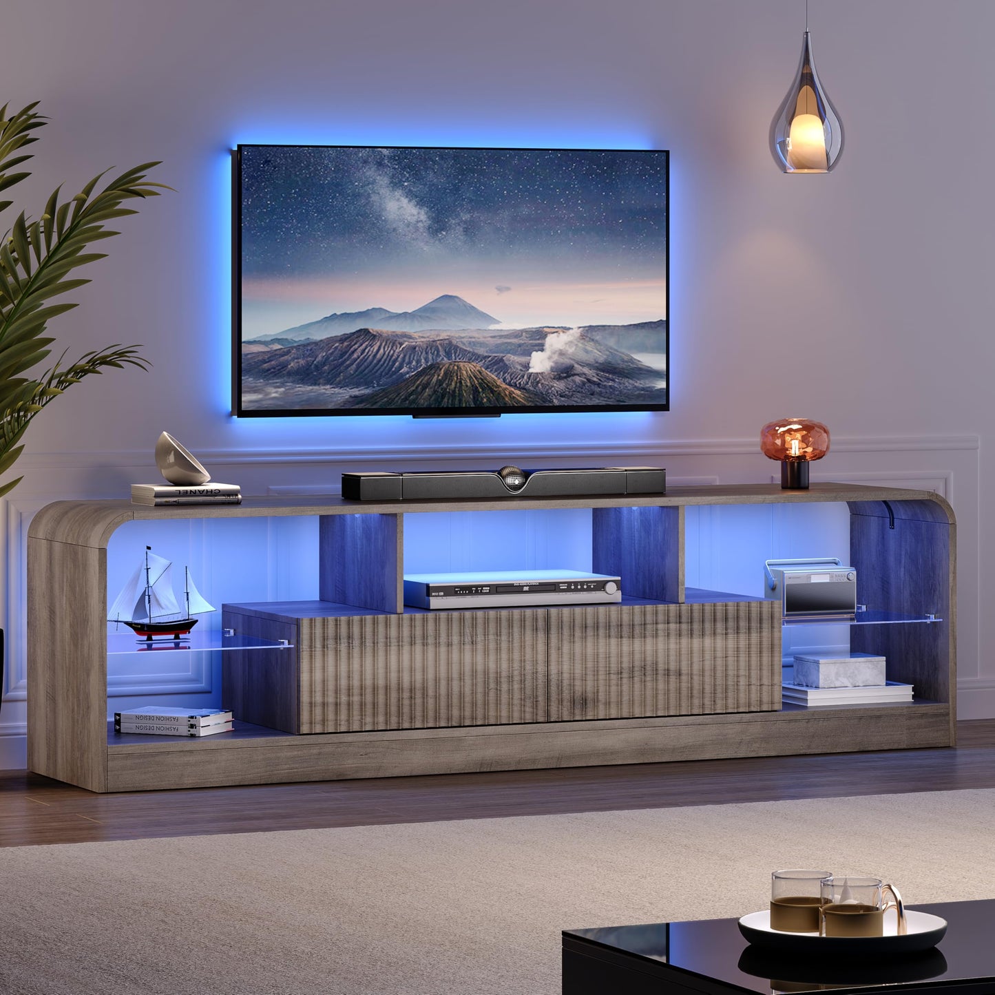 ANYMAPLE TV Stand for 60/65/70 Inch TVs, Modern Curved TV Console with LED Lights, 2 Drawers & Glass Shelves, Living Room Entertainment Center