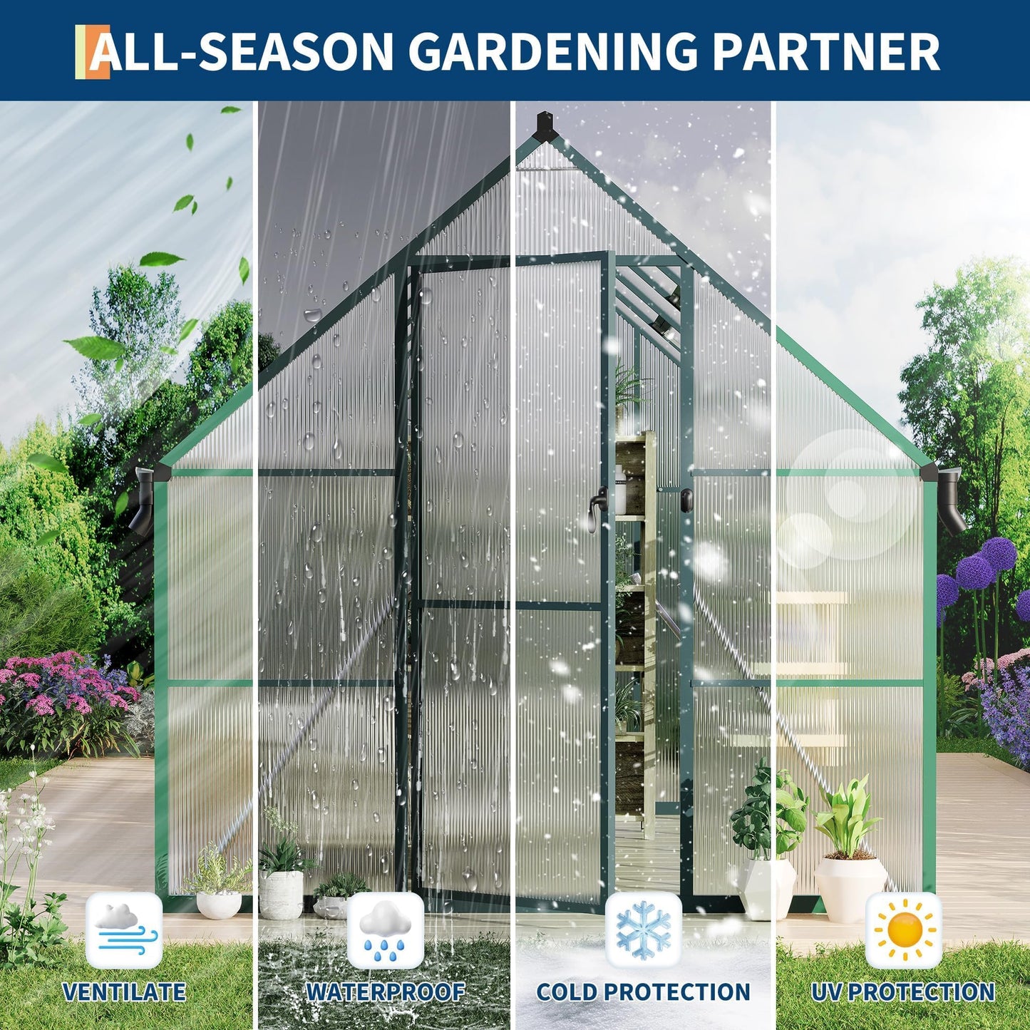 8x10 FT Outdoor Polycarbonate Greenhouse, Aluminum Frame Walk-in Greenhouse with Ventilation Windows & Rain Gutters, Heavy Duty Green House for Backyard Garden Patio Plant Growing
