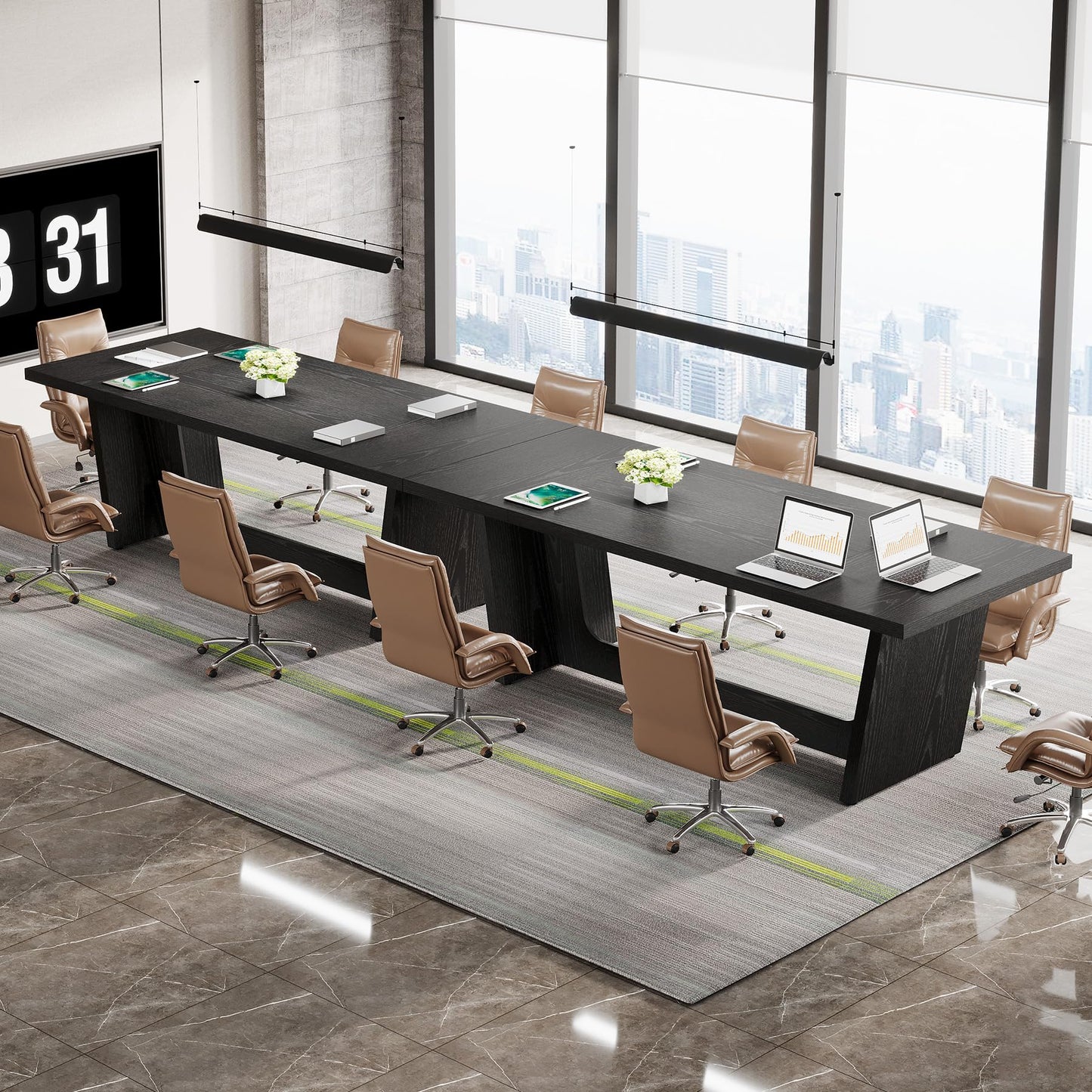 Tribesigns 6 FT Conference Table, 71" Rectangular Meeting Table for Office Conference Room, Large Executive Seminar Desk for 6-8, Wooden Business Boardroom Table with Heavy-Duty Pedestal Base, Black