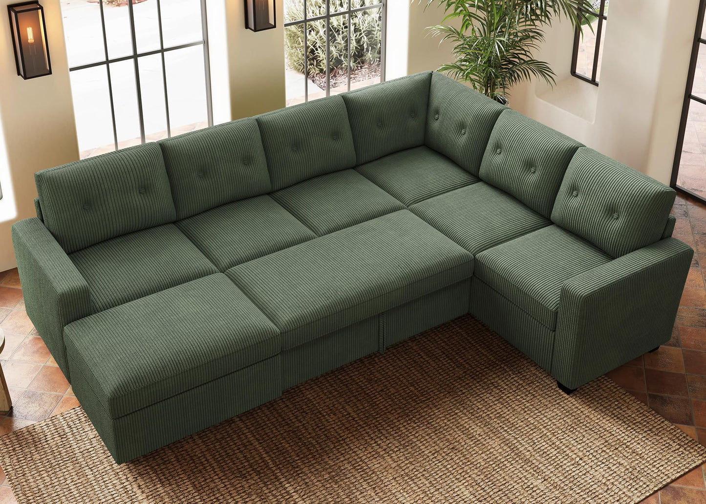 HONBAY 106.2 Inch U-Shaped Sectional Sleeper Sofa with Pull-Out Bed & Storage Ottoman, 7-Seater Sectional Sofa for Living Room, Pet-Resistant Corduroy Couch, Green