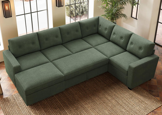 HONBAY 106.2 Inch U-Shaped Sectional Sleeper Sofa with Pull-Out Bed & Storage Ottoman, 7-Seater Sectional Sofa for Living Room, Pet-Resistant Corduroy Couch, Green