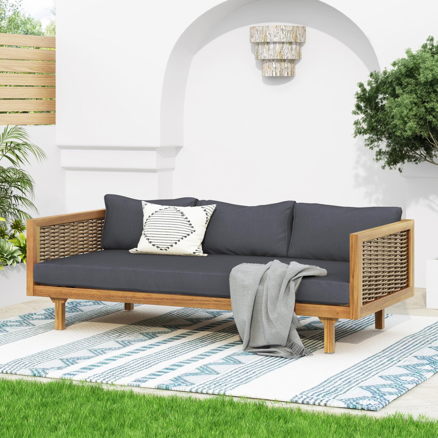 Christopher Knight Home Claremont Patio Sofa and Coffee Table Set, 2 Piece Wicker Patio Furniture Set, Acacia Wood 3 Seater Outdoor Sofa Daybed and Coffee Table Set, Teak+Dark Grey