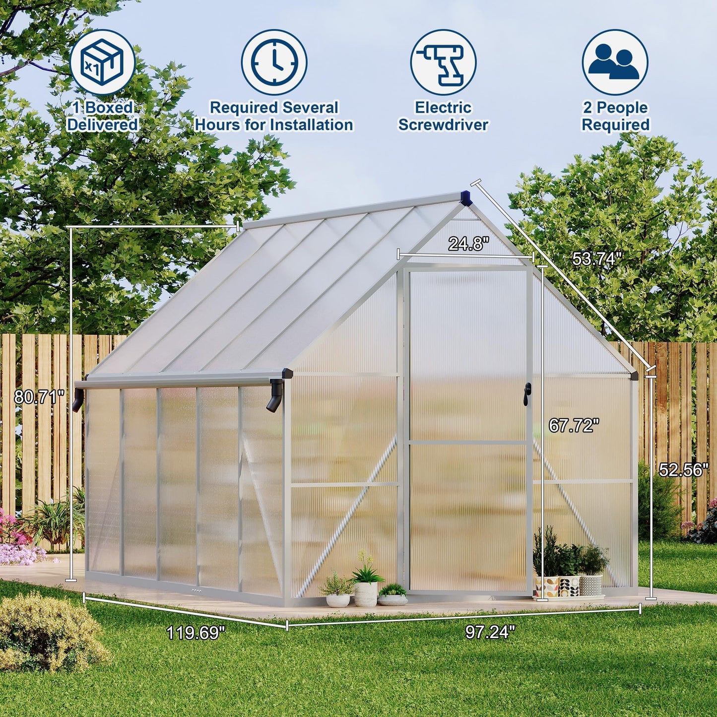 CABIHOME 8x10 FT Outdoor Greenhouse, Polycarbonate Greenhouse with Roof Vent and Ground Nails, Aluminum Large Walk-in Green House w/ Lockable Push Door for Outdoor Garden (Sliver, 8x10 FT)