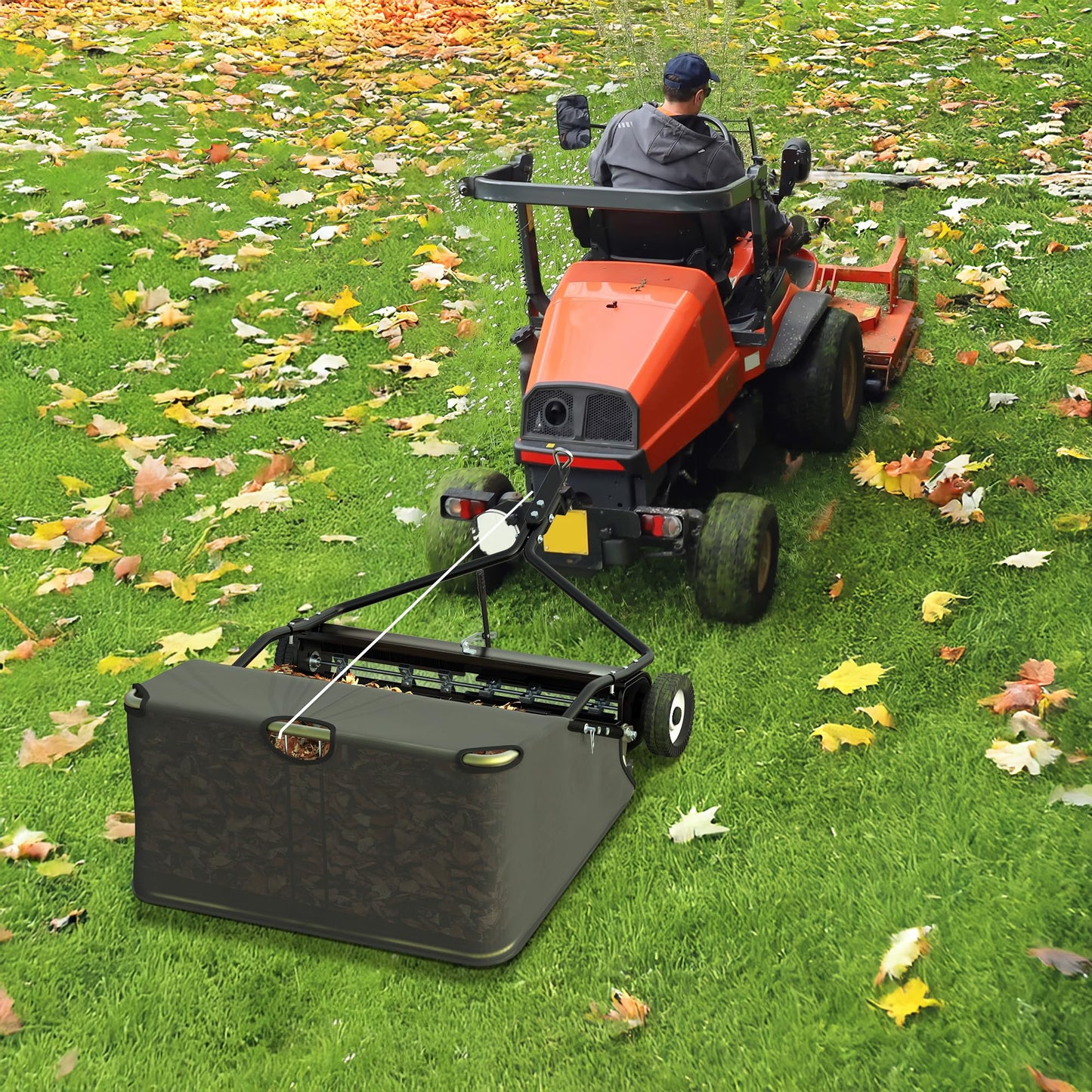 AUTOSAVER88 48" Tow Behind Lawn Sweeper, 25 cu. ft Capacity Pull Behind Lawn Sweeper, Leaf & Grass Collector with Adjustable Sweeping Height and Dumping Rope Design for Yard Lawn