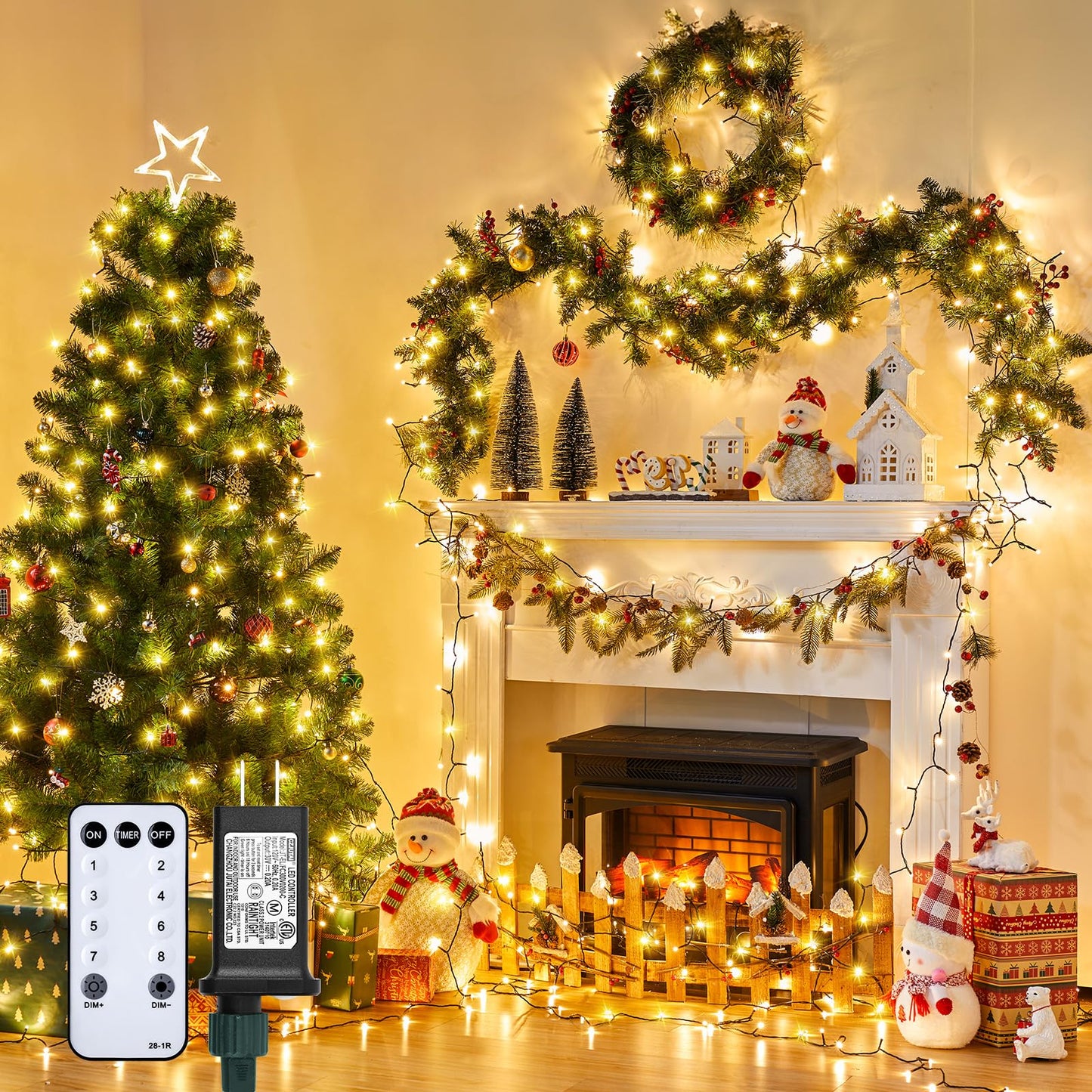 Minetom 1000 LED Christmas Tree Lights, 328 Ft, Warm White, Green Wire, 8 Modes, Waterproof, Remote Control