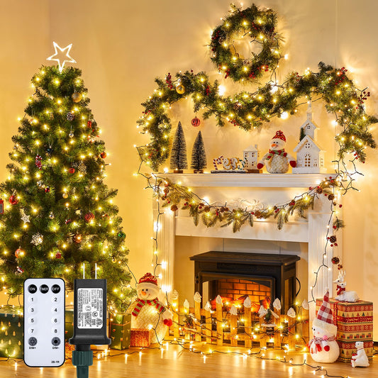 Minetom 1000 LED Christmas Tree Lights, 328 Ft, Warm White, Green Wire, 8 Modes, Waterproof, Remote Control