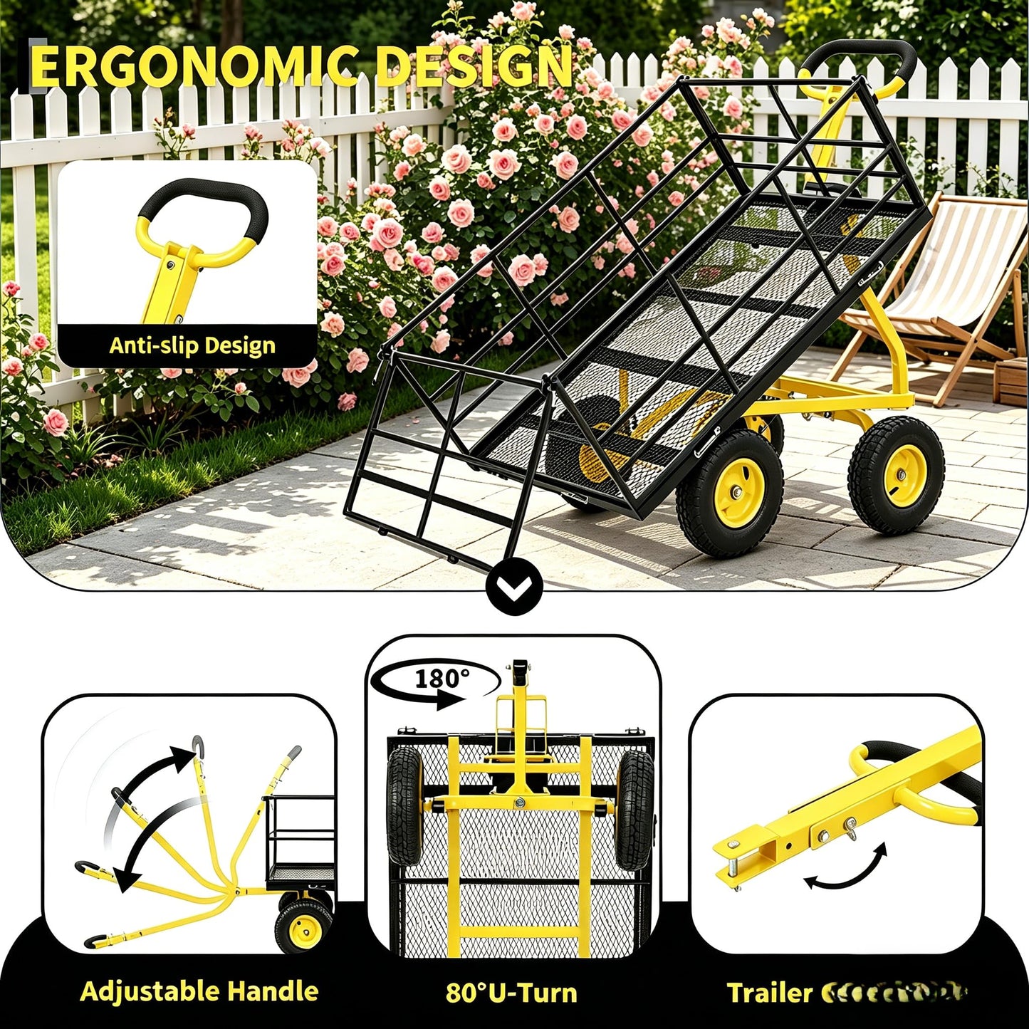 1500Lbs Steel Mesh Garden Cart, Heavy-Duty Utility Wagon with Removable Sides, Outdoor Wagon with Rubber Tire and Handle for Gardening Soil, Tools and Plant Transport(Black)